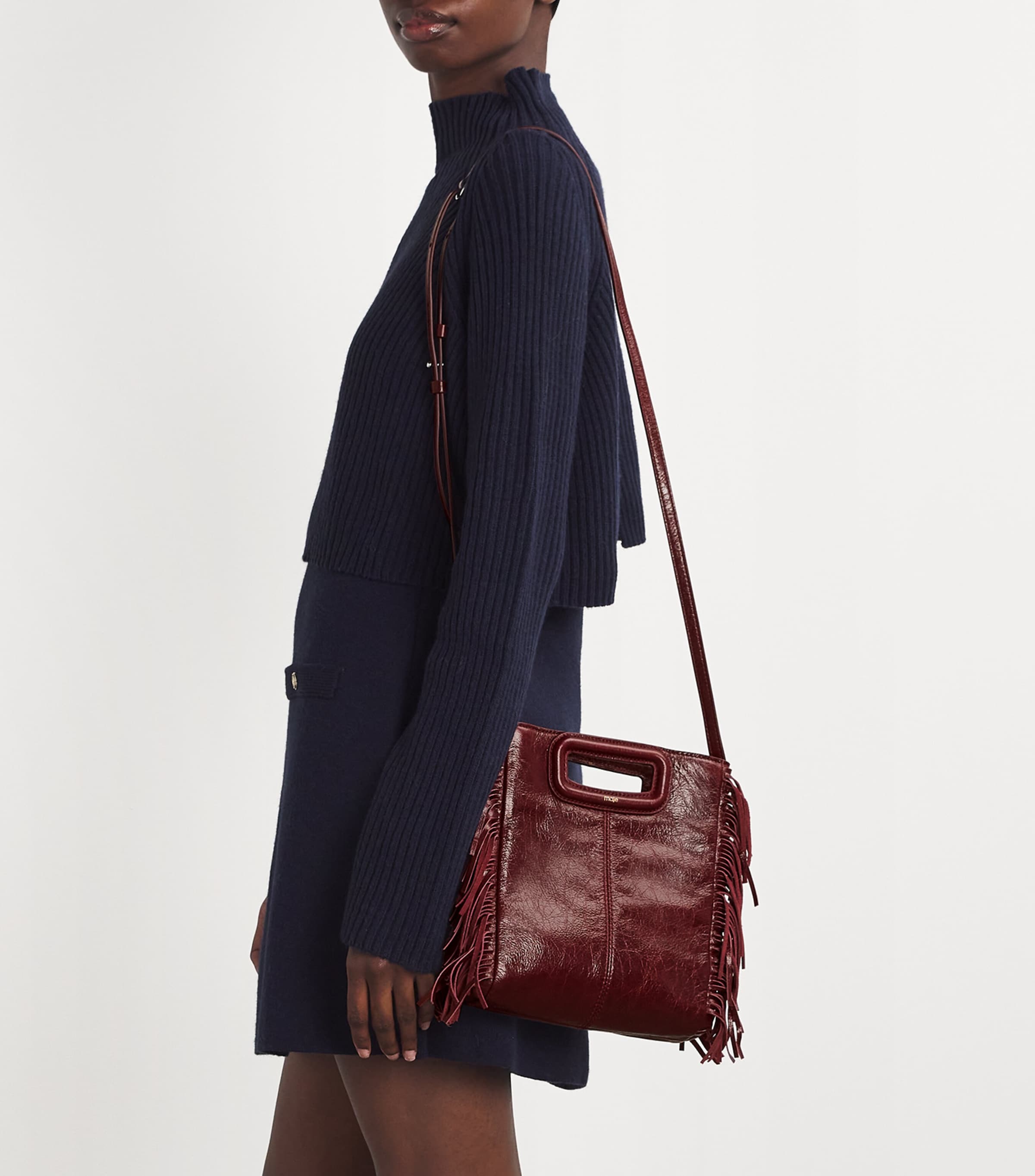 Maje Cracked Leather Fringed M Bag Burgundy Image 2