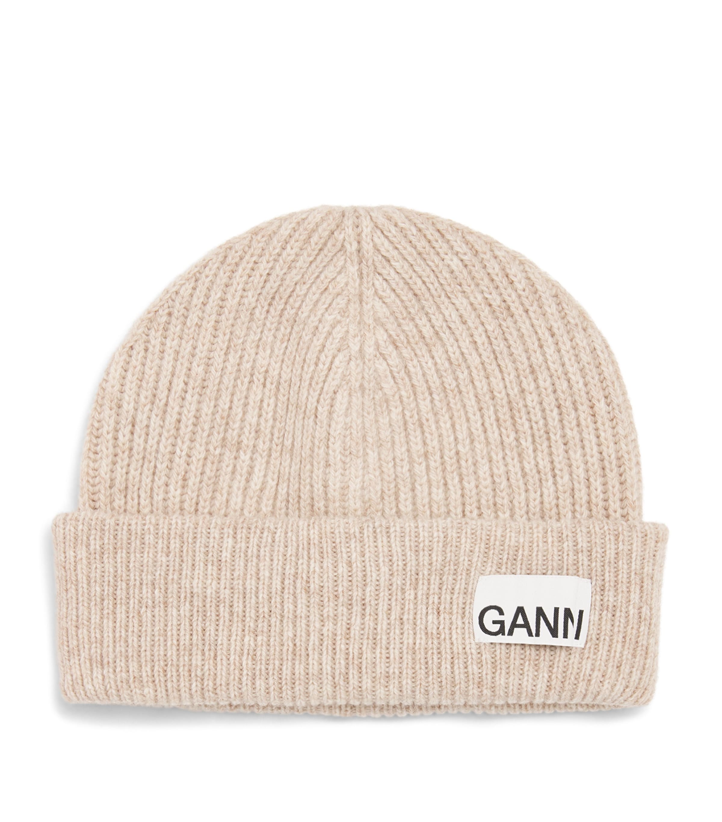 Shop Ganni Wool-blend Light Structured Rib Knit Beanie In Beige