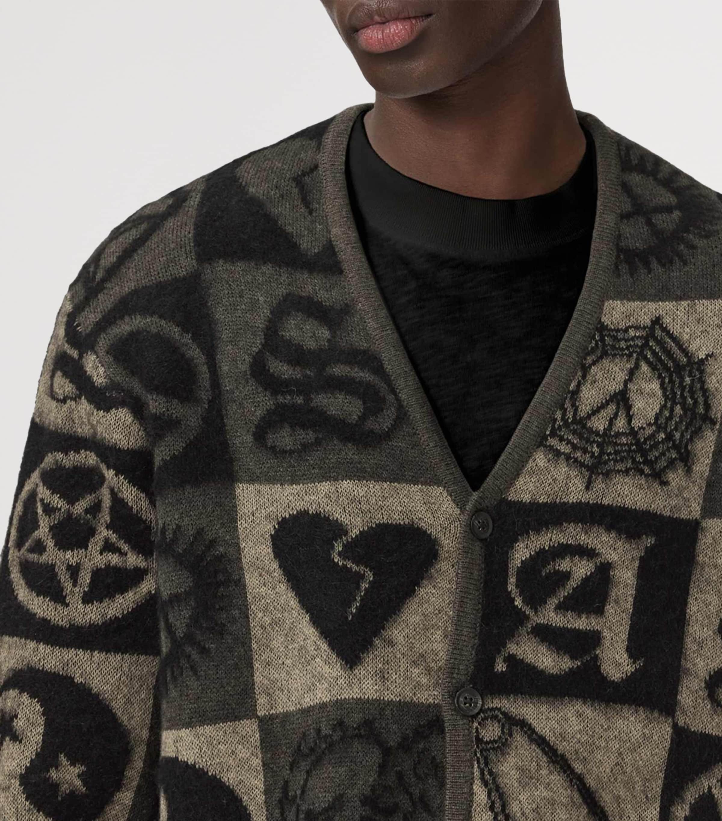 AllSaints Mens Jacquard Travis Cardigan Olive Green/black Image 5