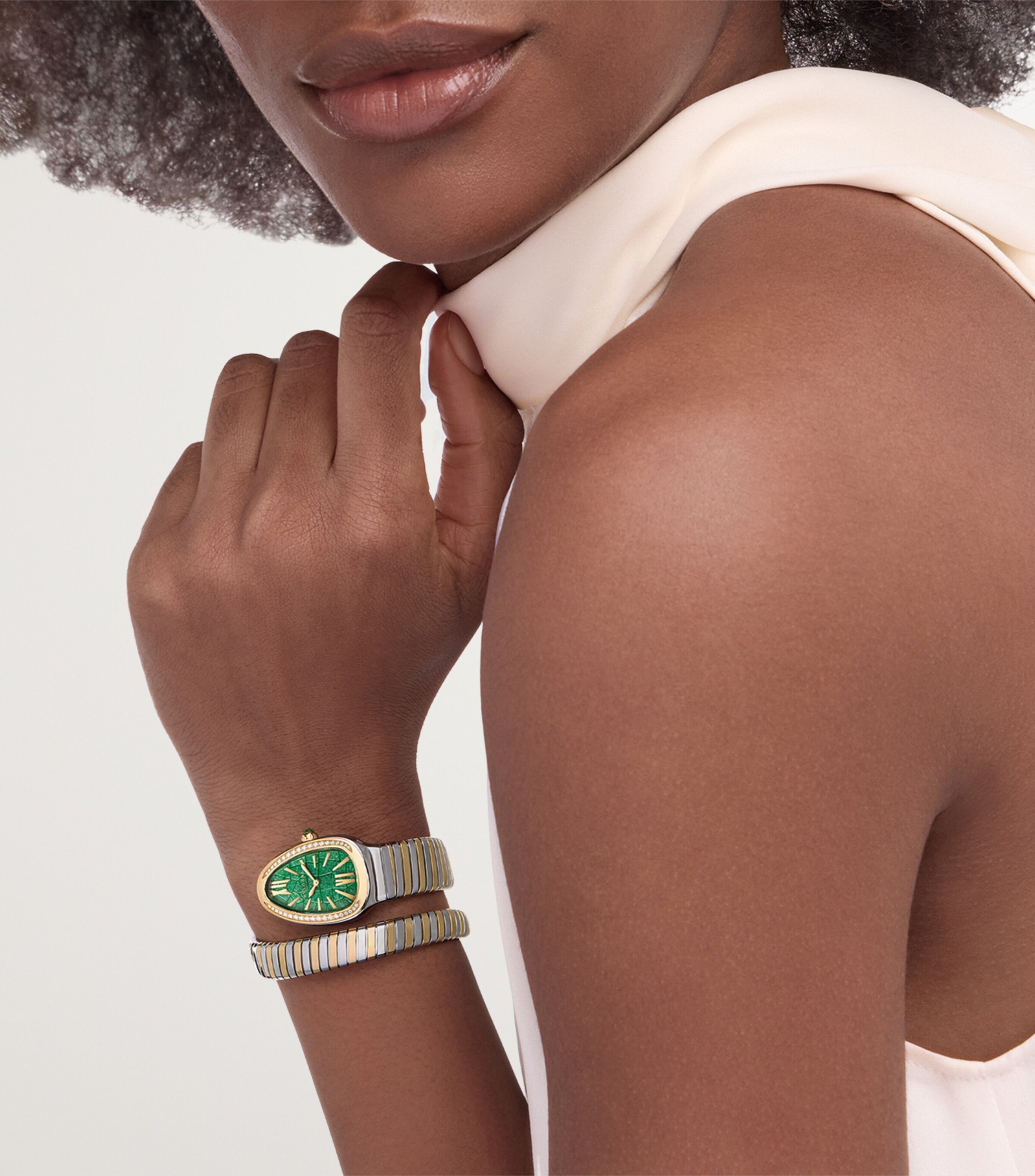 Bvlgari Stainless Steel, Yellow Gold and Diamond Serpenti Tubogas Watch 35mm Green Image 3