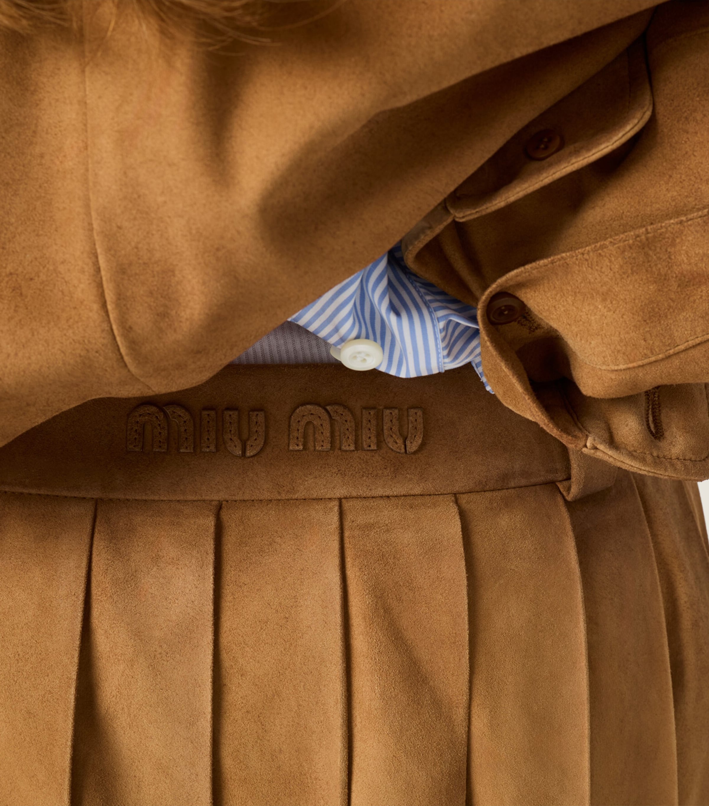 Miu Miu Womens Waxed Suede Pleated Miniskirt Neutral Image 5