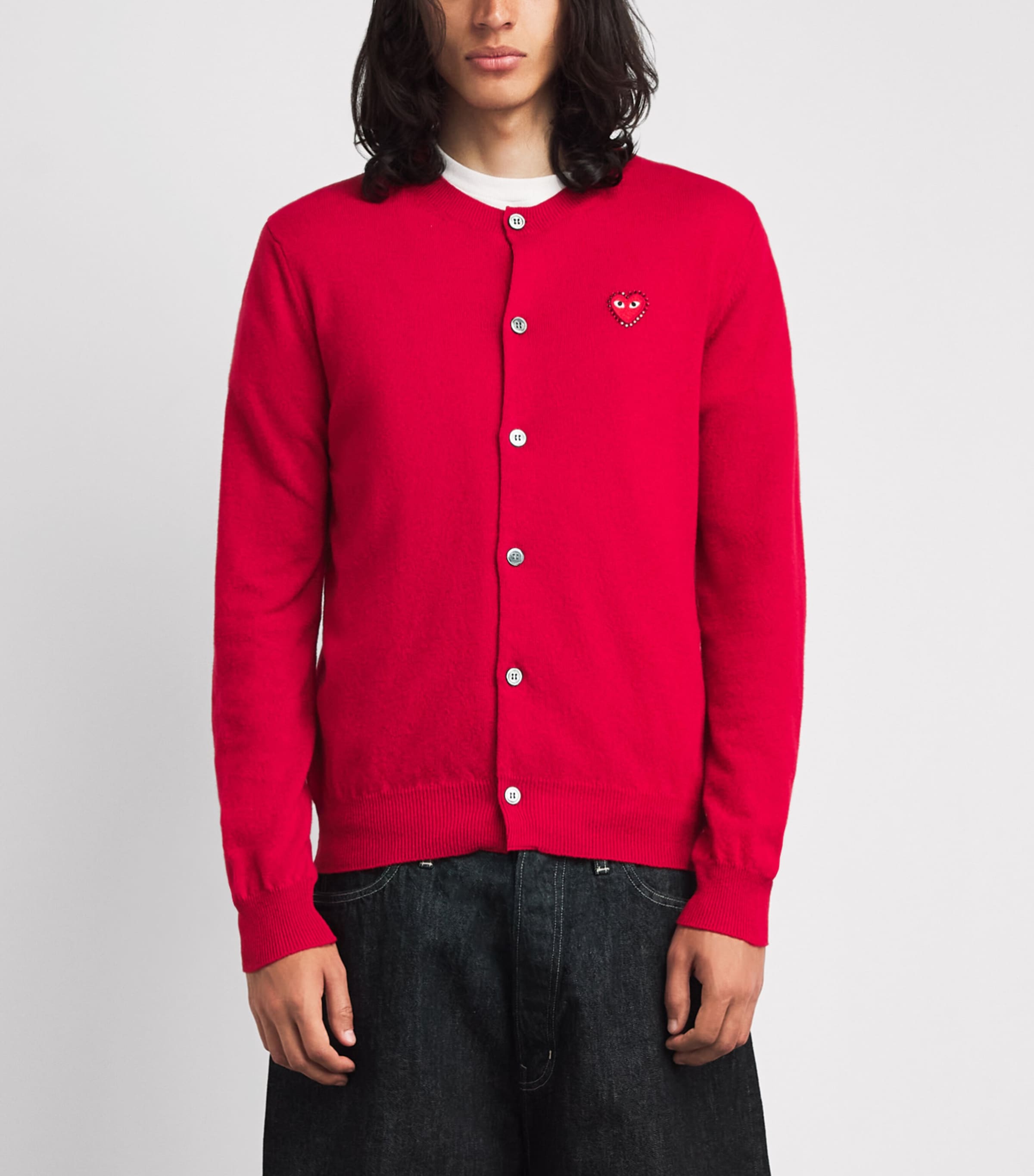 Comme Des Garçons Mens Wool Rhinestone Heart Logo Cardigan Red Image 4