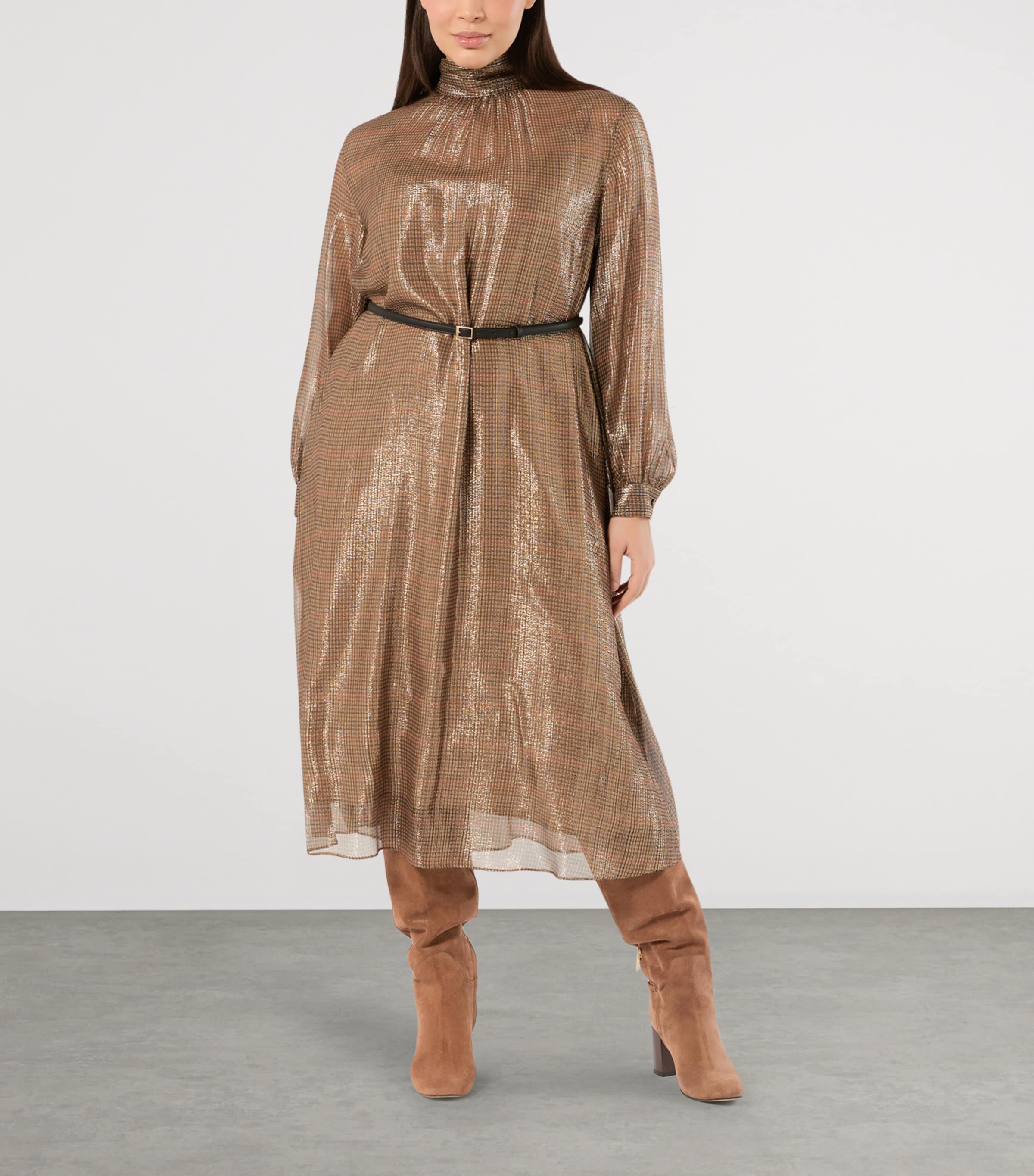 Marina Rinaldi Silk-Blend Metallic Tartan Midi Dress Gold Camel Image 2