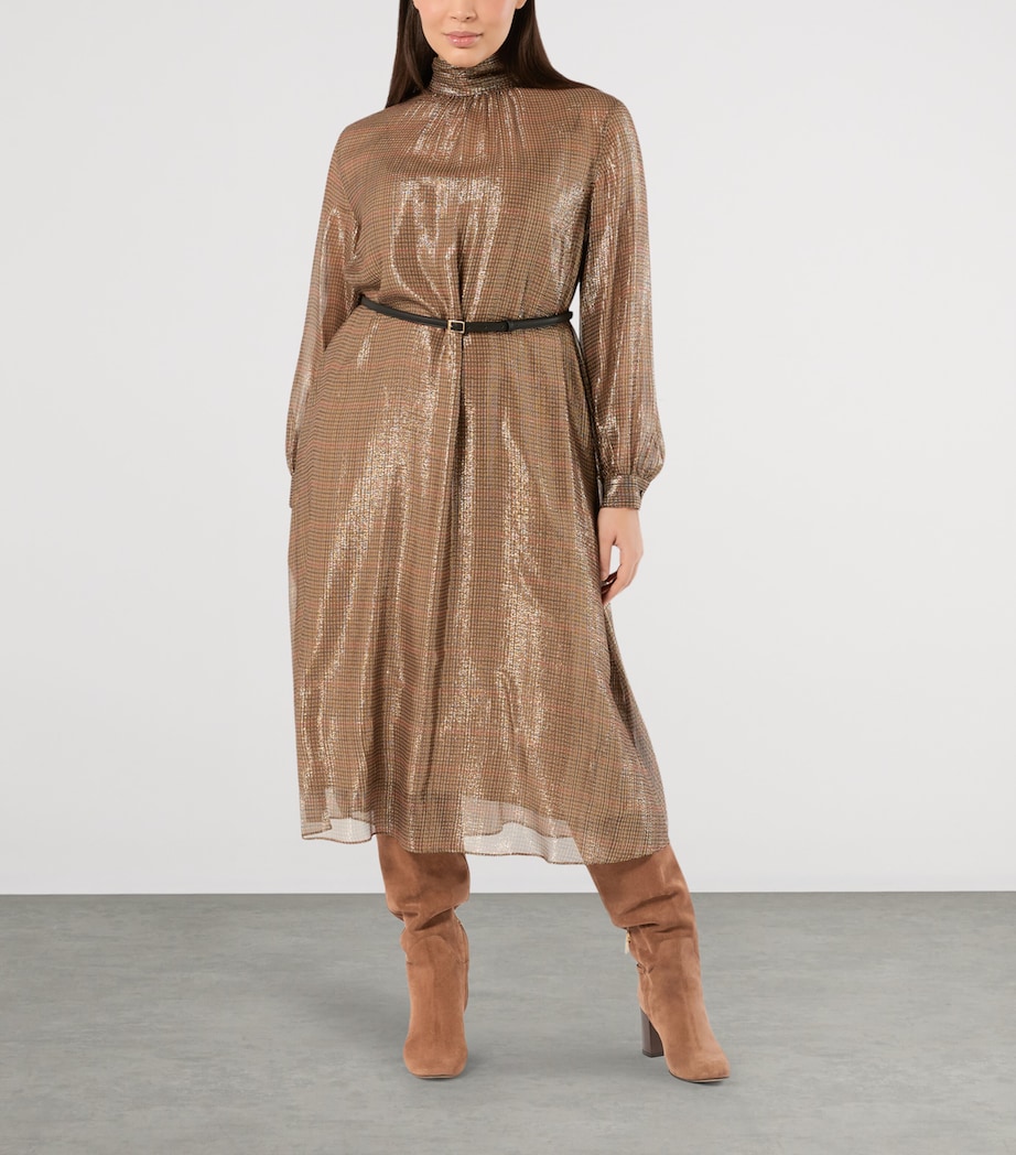 Marina Rinaldi Silk-Blend Metallic Tartan Midi Dress Gold Camel Image 2