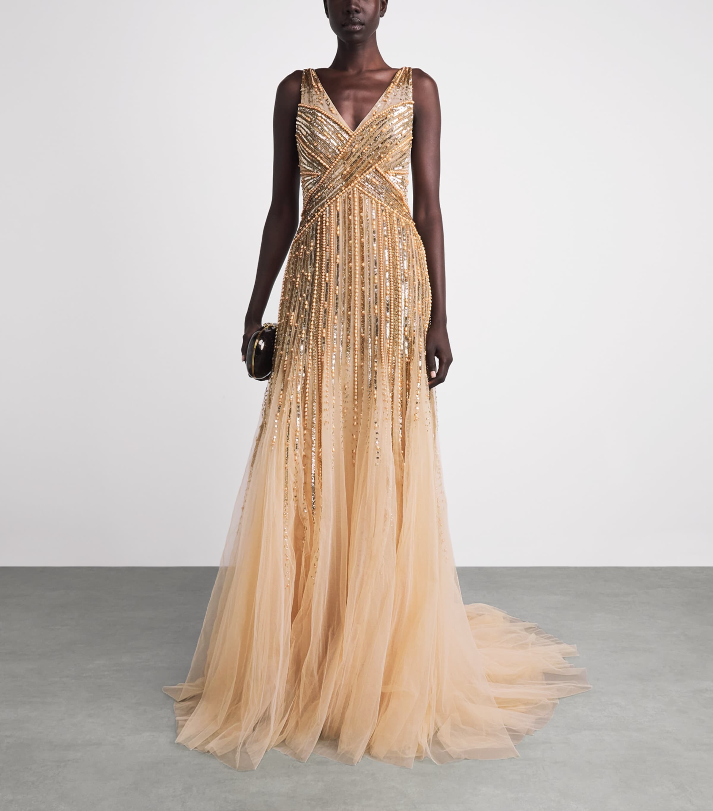 Pamella Roland Womens Tulle Embellished V-Neck Gown Antique Gold Image 2