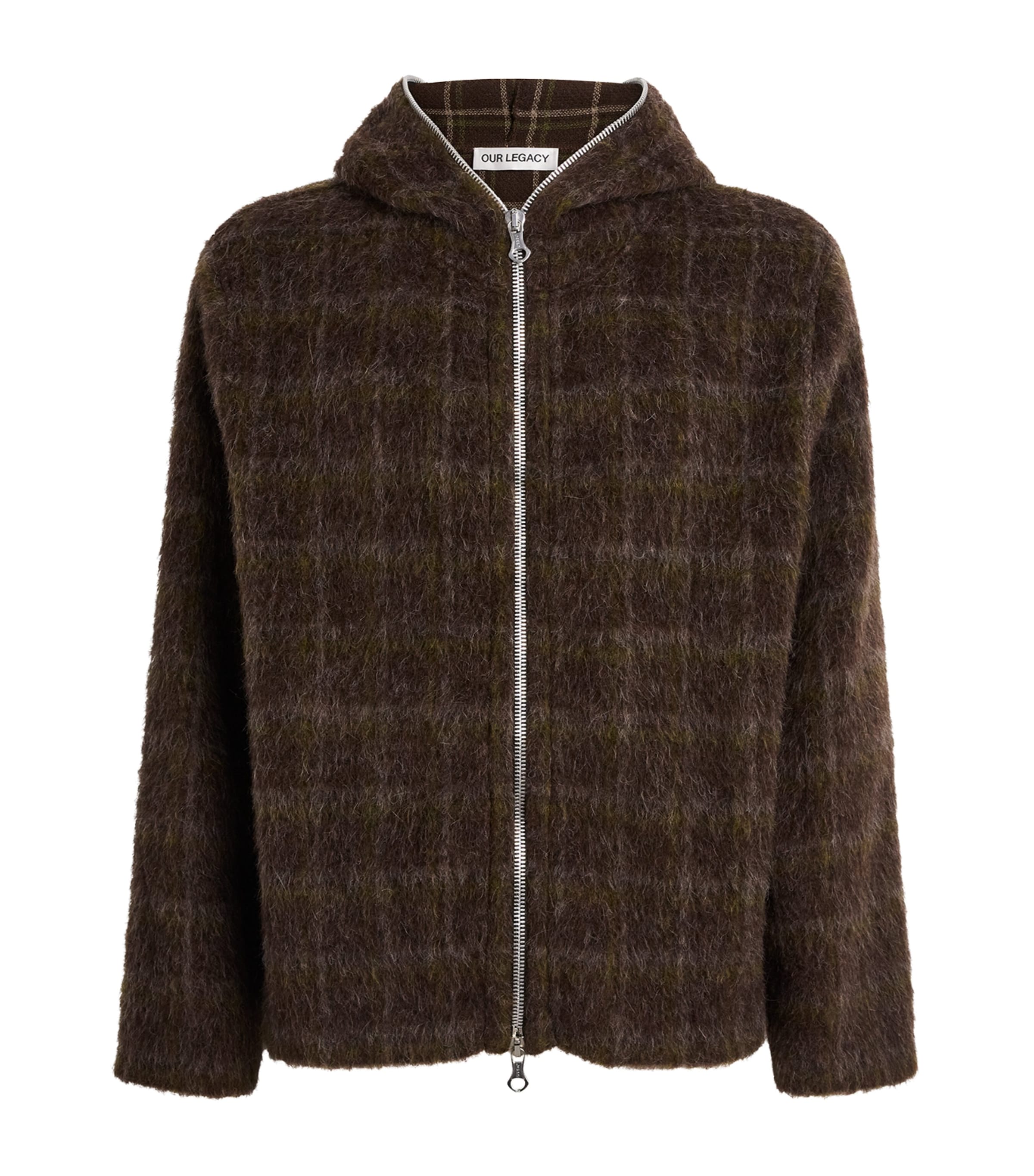 Our Legacy Textured Checkered Hooded Jacket With Long Sleeves In Brown