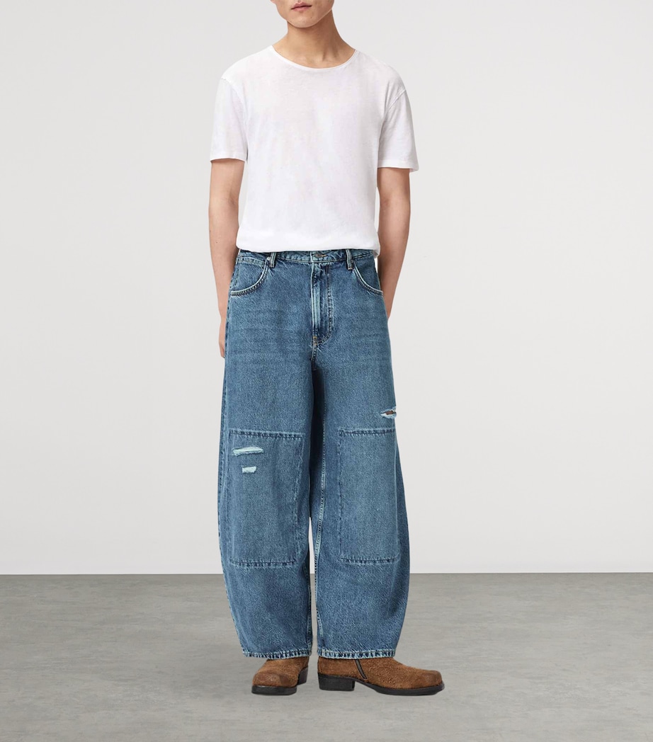 AllSaints Mens Slouch Barrel-Leg Jeans Destroy Mid Indigo Image 2