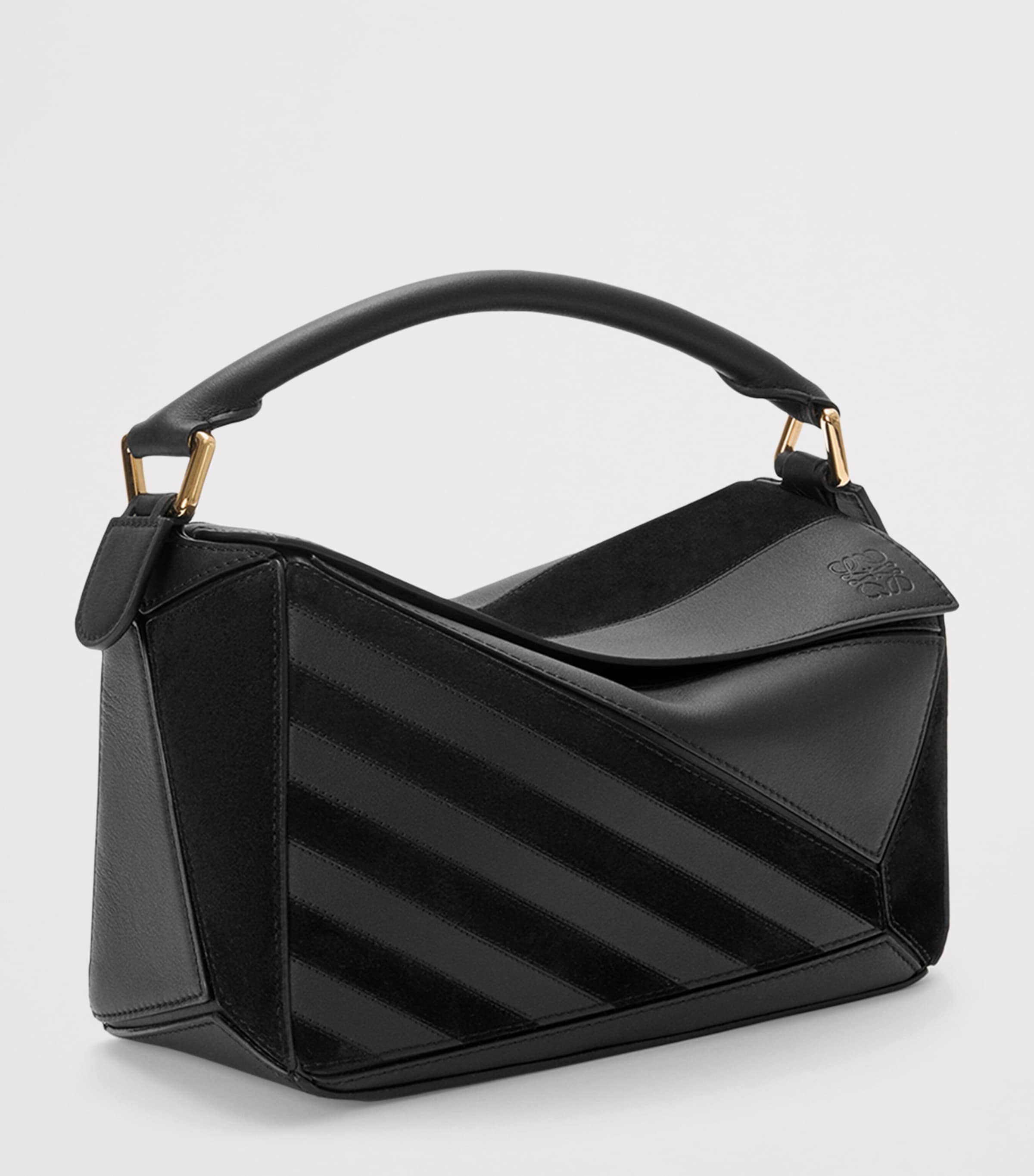 Small Leather Stripe Puzzle Edge Top-Handle Bag BLACK Image 2
