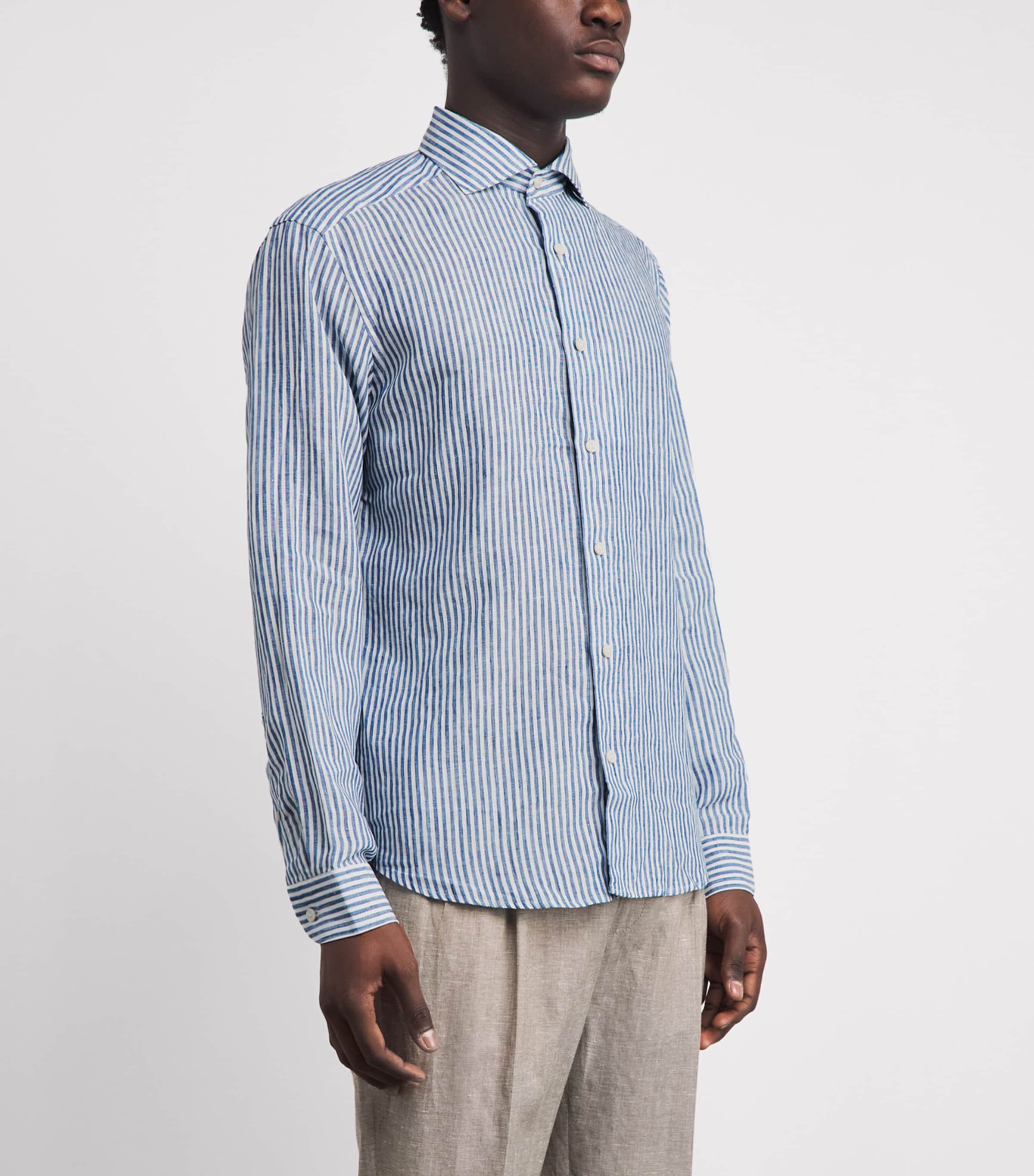 Eton Mens Linen Stripe Shirt Dark Blue Image 4