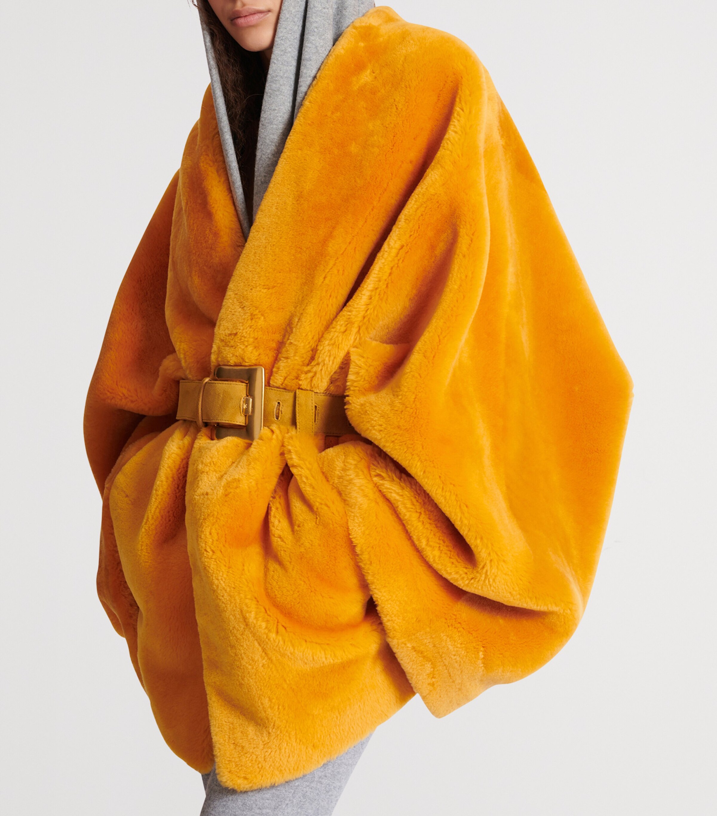 Shearling Belted Wrap Coat 1GF - MUSTARD Image 3