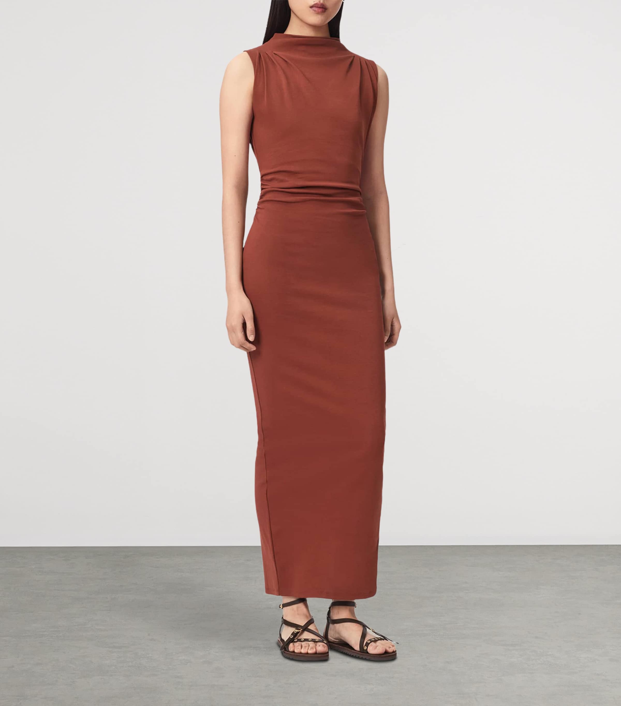AllSaints Womens Stretch-Cotton Katarina Maxi Dress Rust Brown Image 3