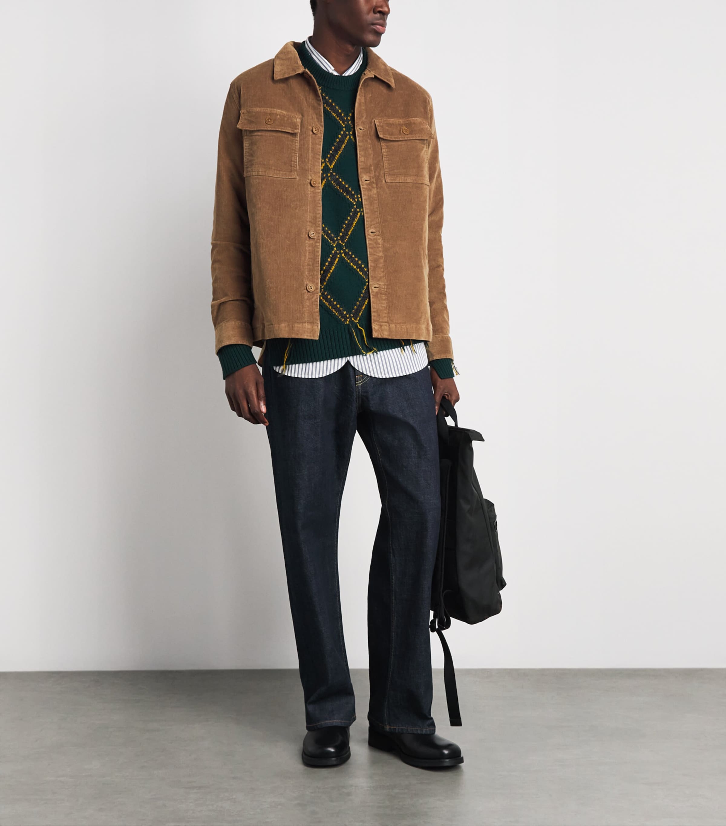 Barbour Mens Corduroy Tartan-Trim Overshirt Sandstone Image 2