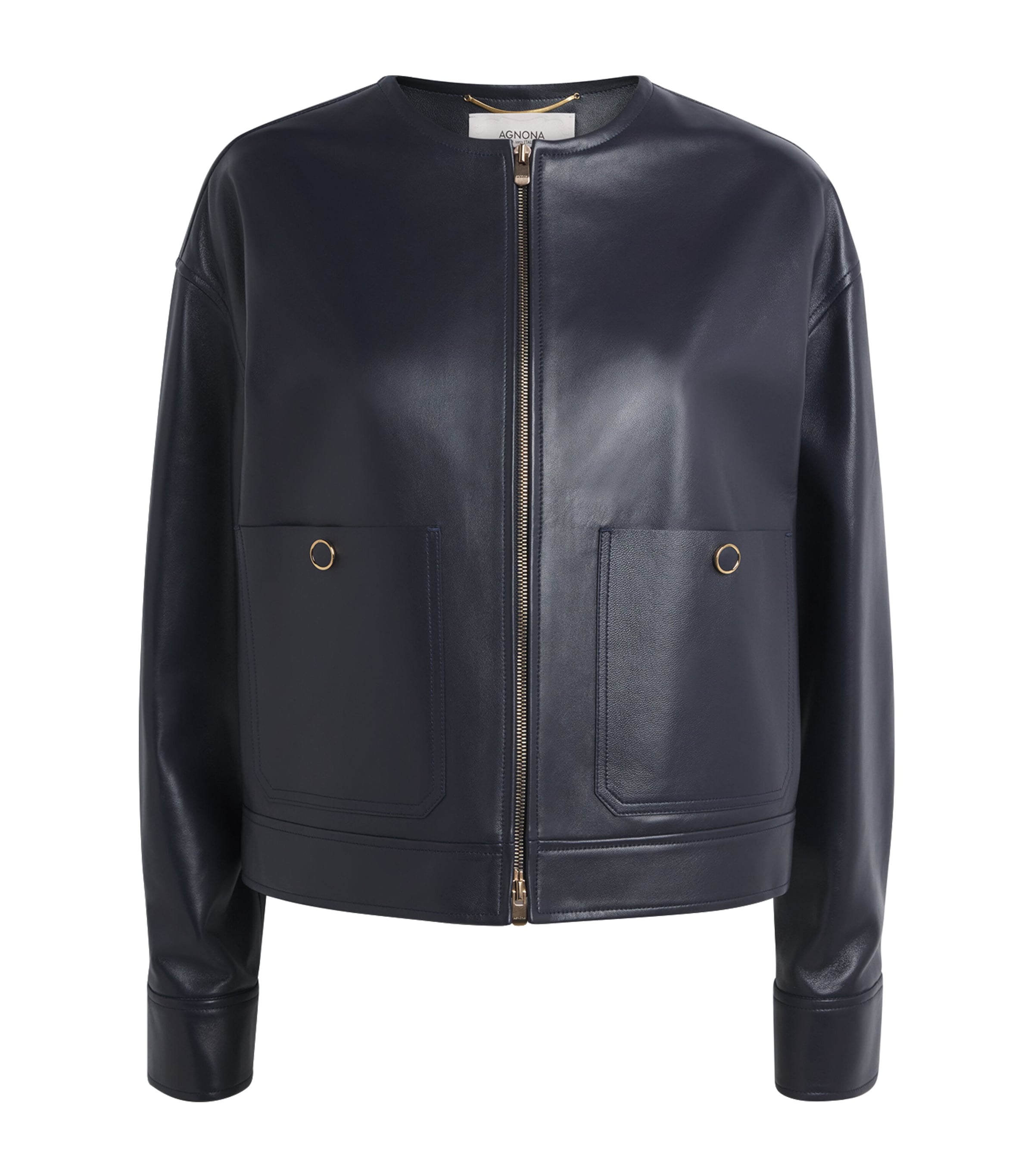 Agnona Womens Lambskin Cropped Bomber Jacket Dark Blue Navy Image 1