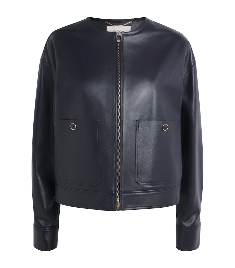 Agnona Womens Lambskin Cropped Bomber Jacket Dark Blue Navy Image 1