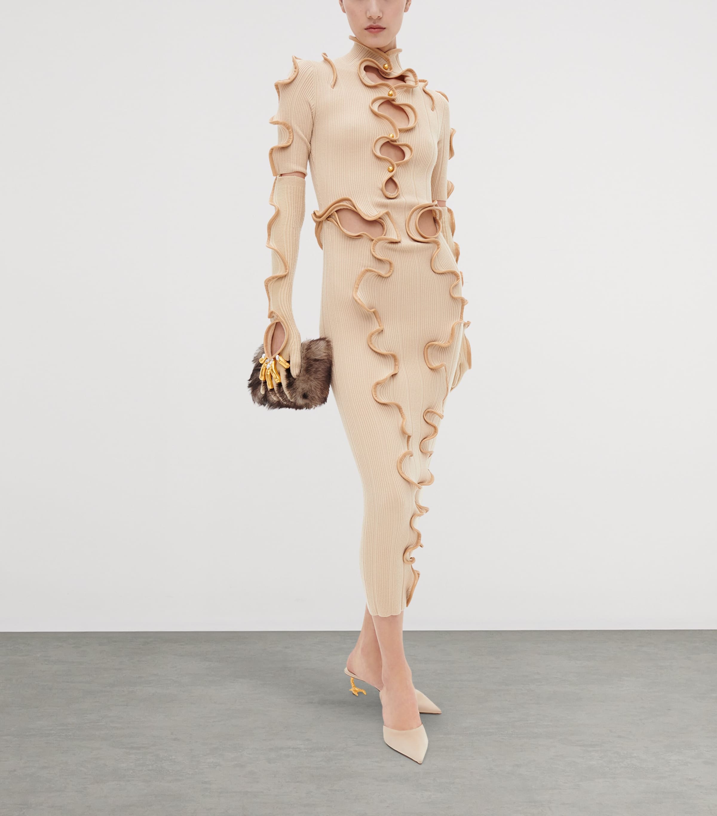 Schiaparelli Womens Wool-Blend Ruffled Midi Dress Nude Image 2