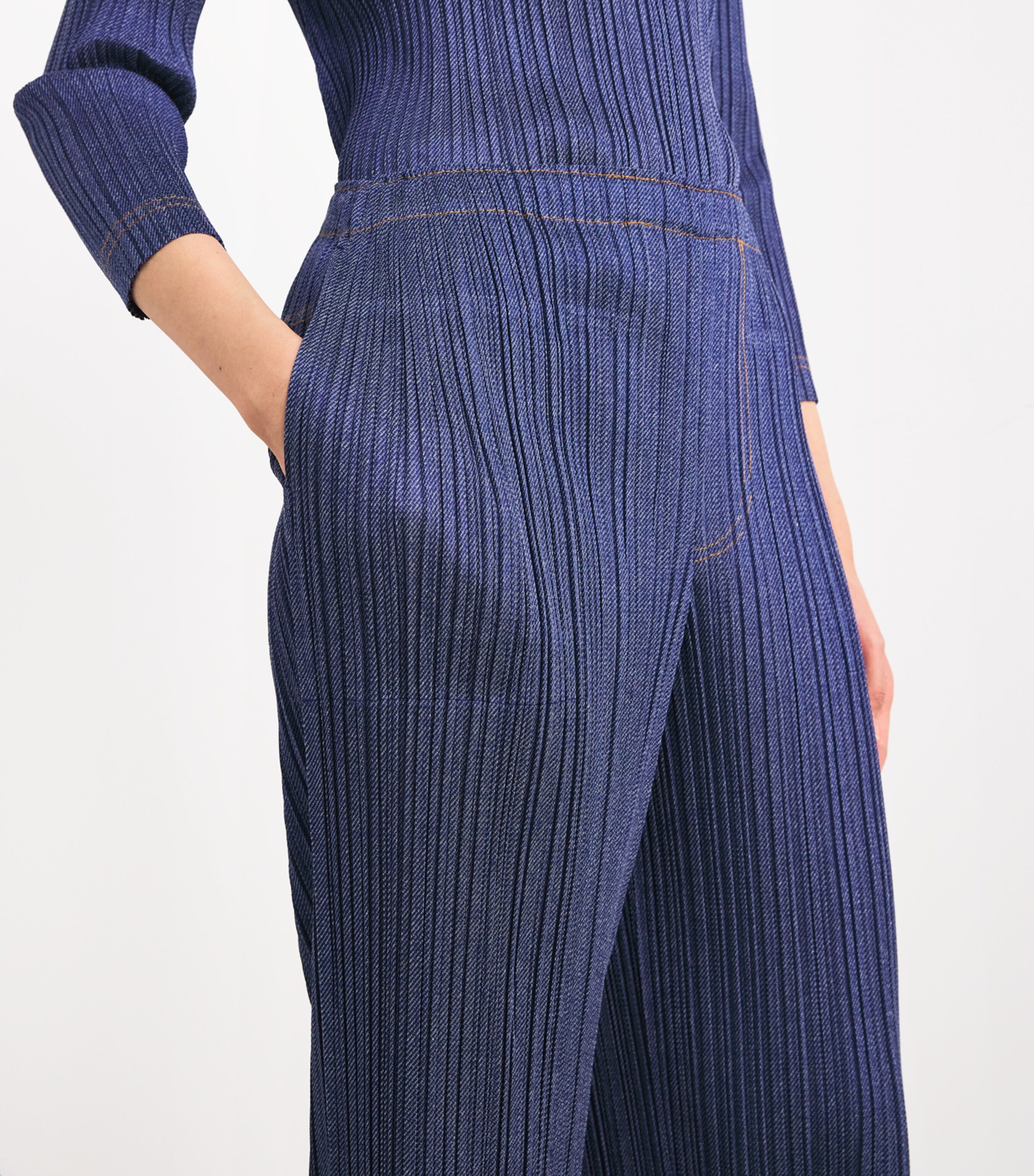 Pleats Please Issey Miyake Blue Pleated Cotton Denim Trousers