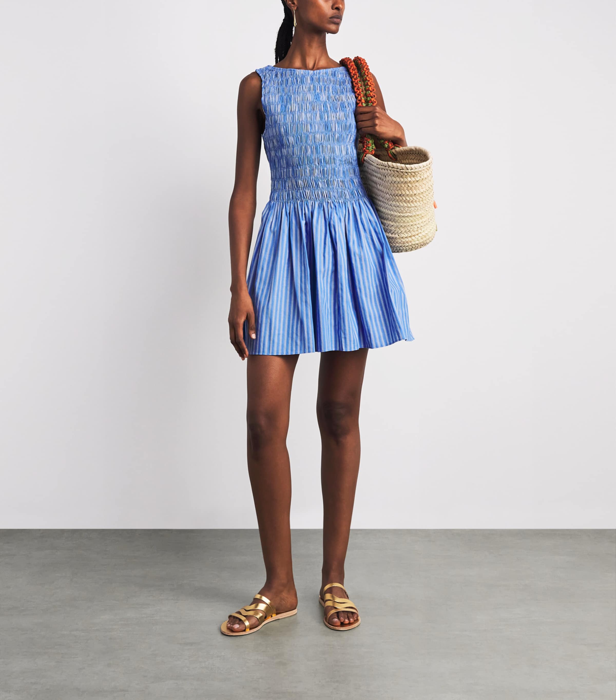 Faithfull The Brand Womens Cotton Shirred Carina Mini Dress Joao Strp Azlejo Blu Image 2