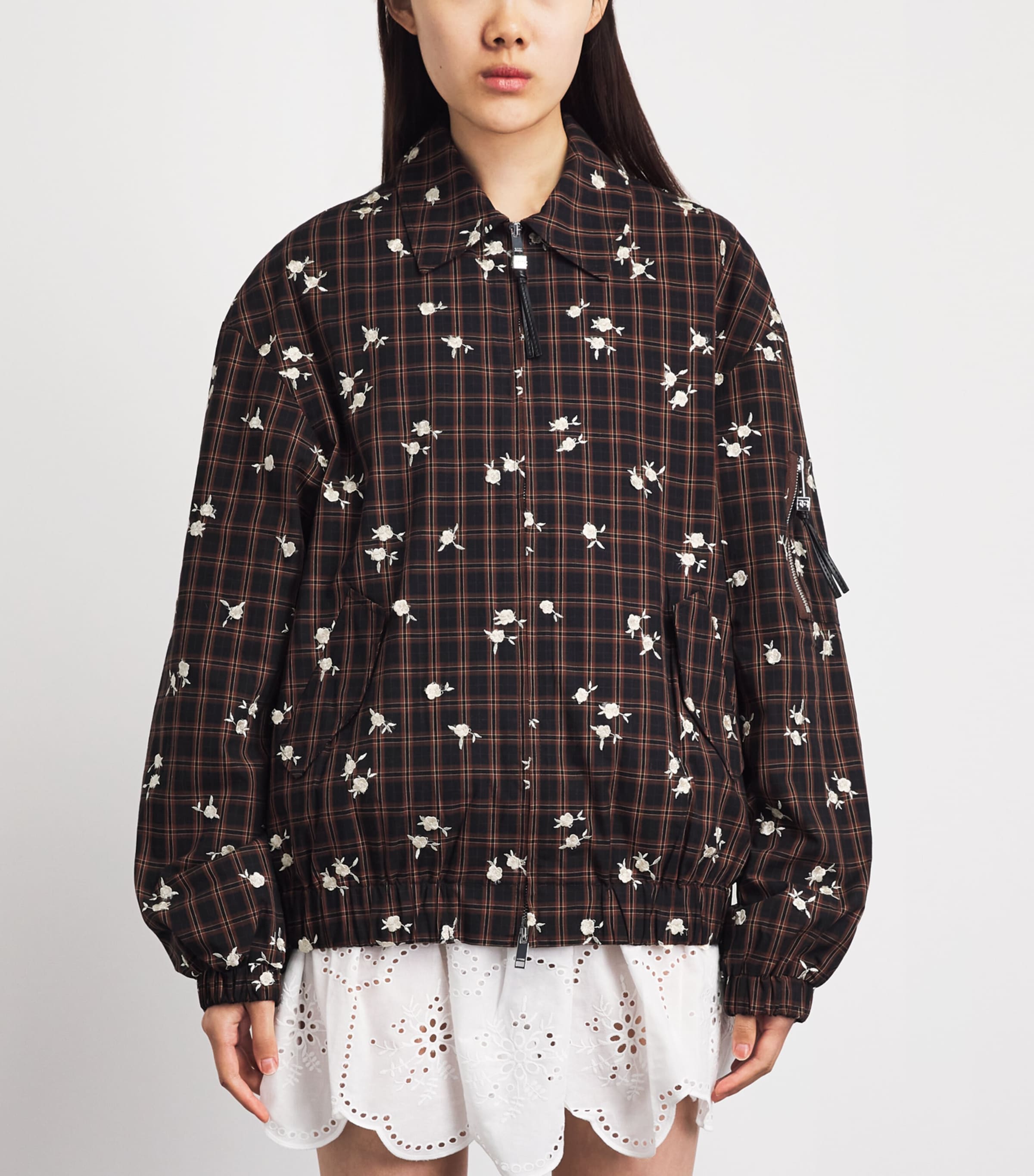 GANNI Womens Check Printed Bomber Jacket Cappuccino Image 4