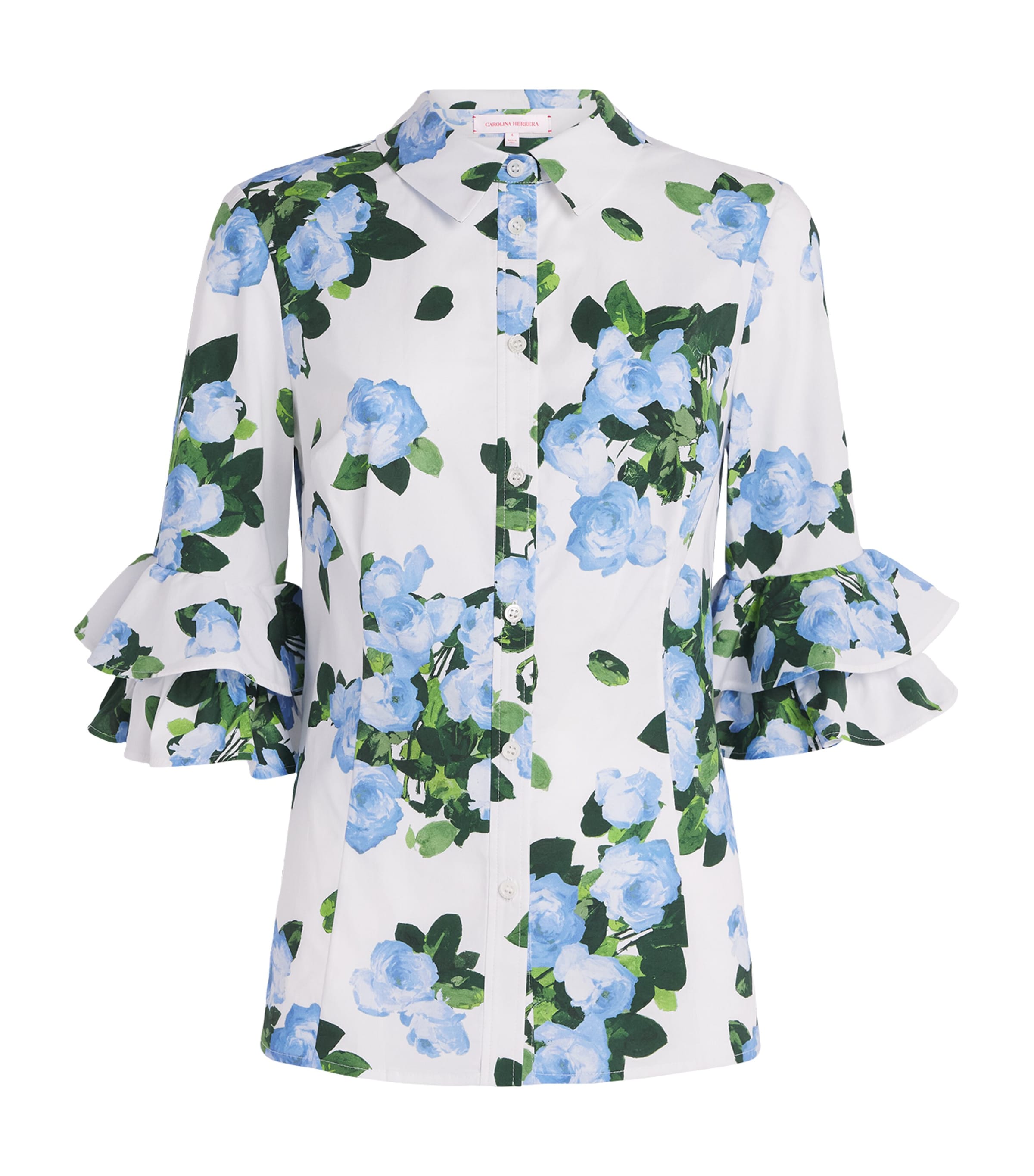 Carolina Herrera Womens Rose Print Ruffle-Sleeve Shirt White Multi Image 1