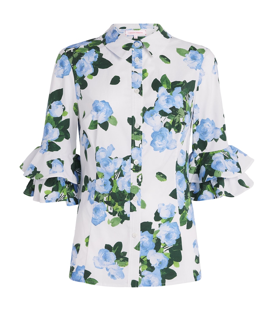 Carolina Herrera Womens Rose Print Ruffle-Sleeve Shirt White Multi Image 1