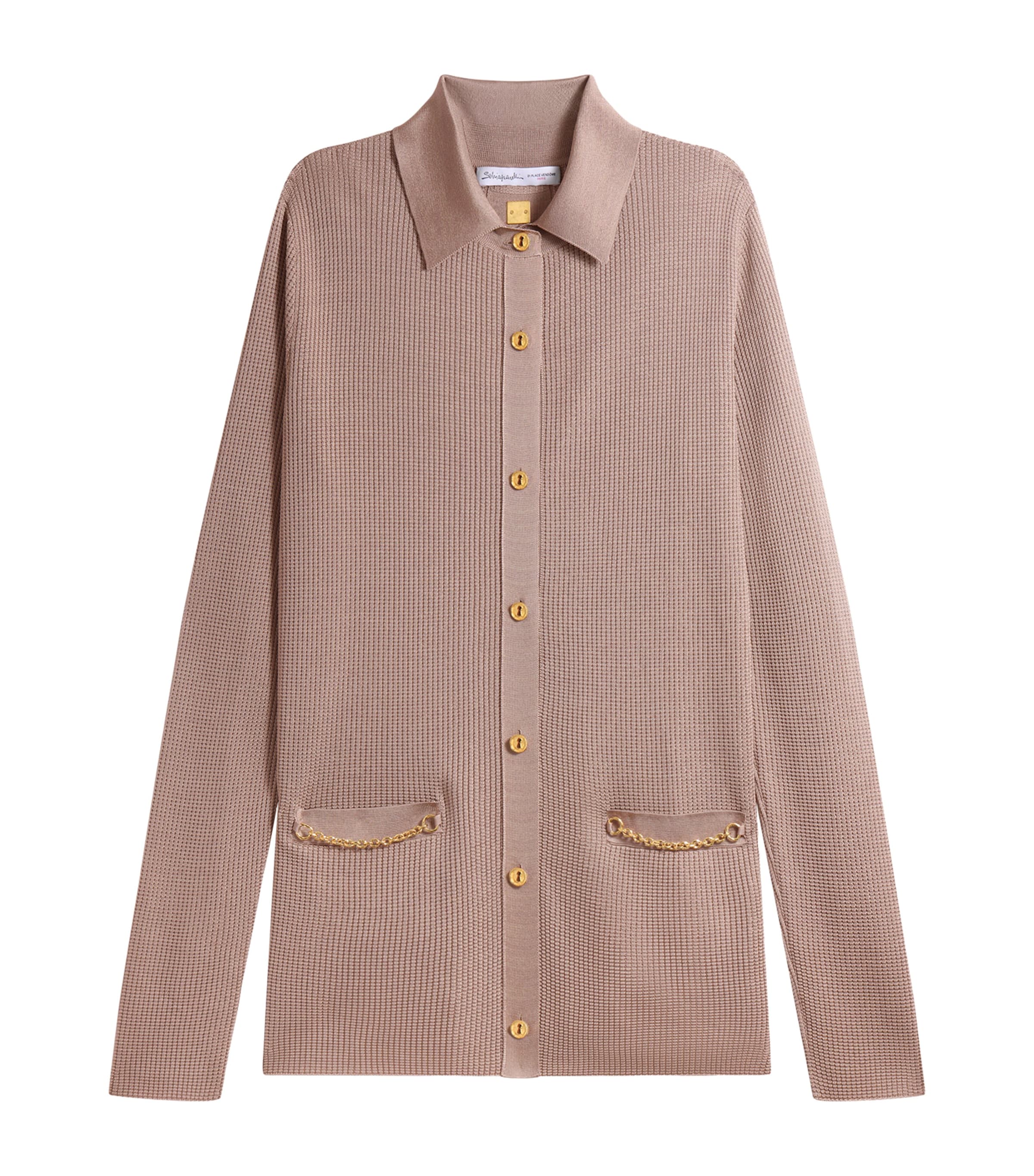 Schiaparelli Womens Embellished Knit Shirt Taupe Image 1