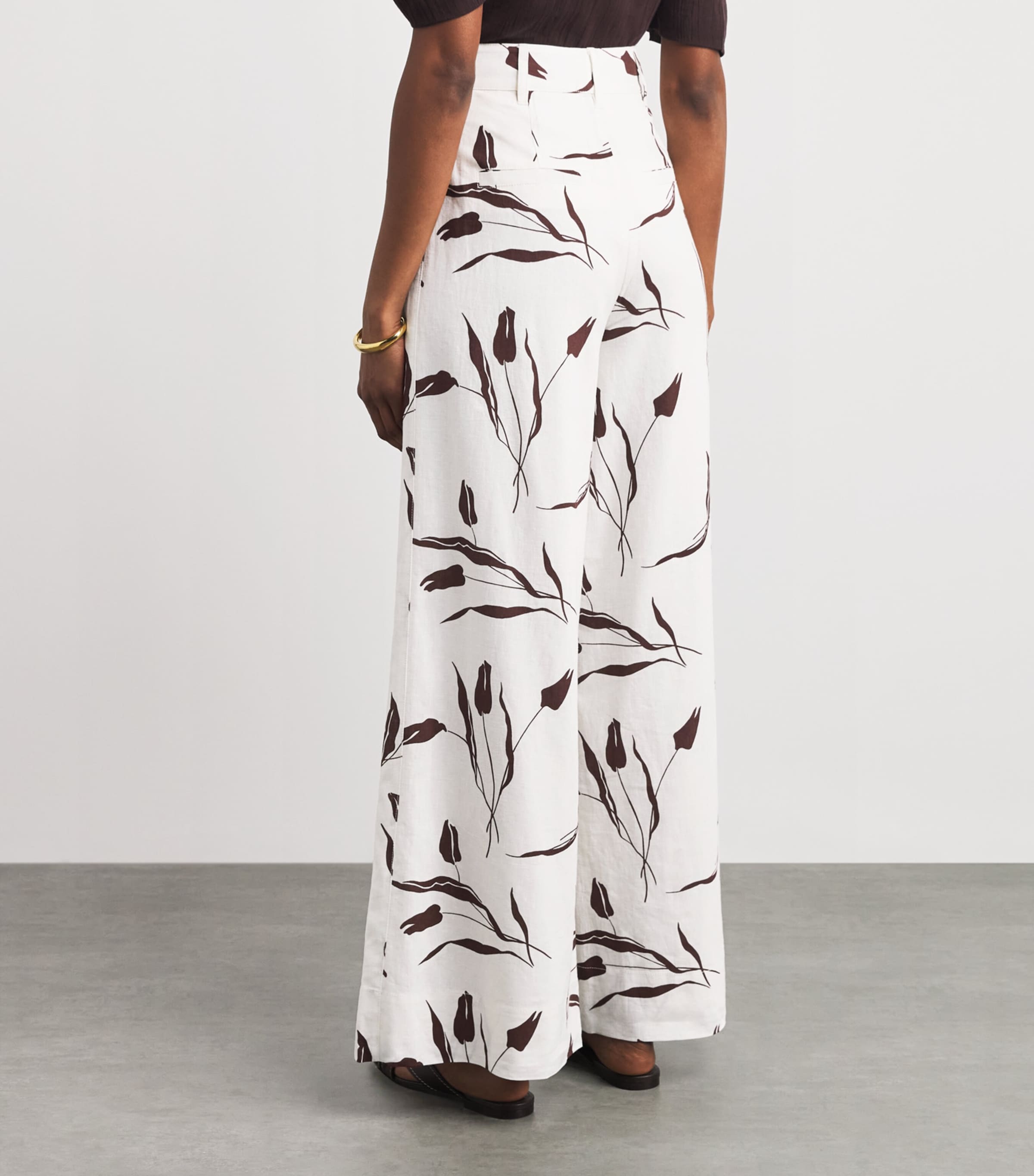 ME+EM Womens Linen-Blend Tulip Print Wide-Leg Trousers Light Cream/brown Image 5