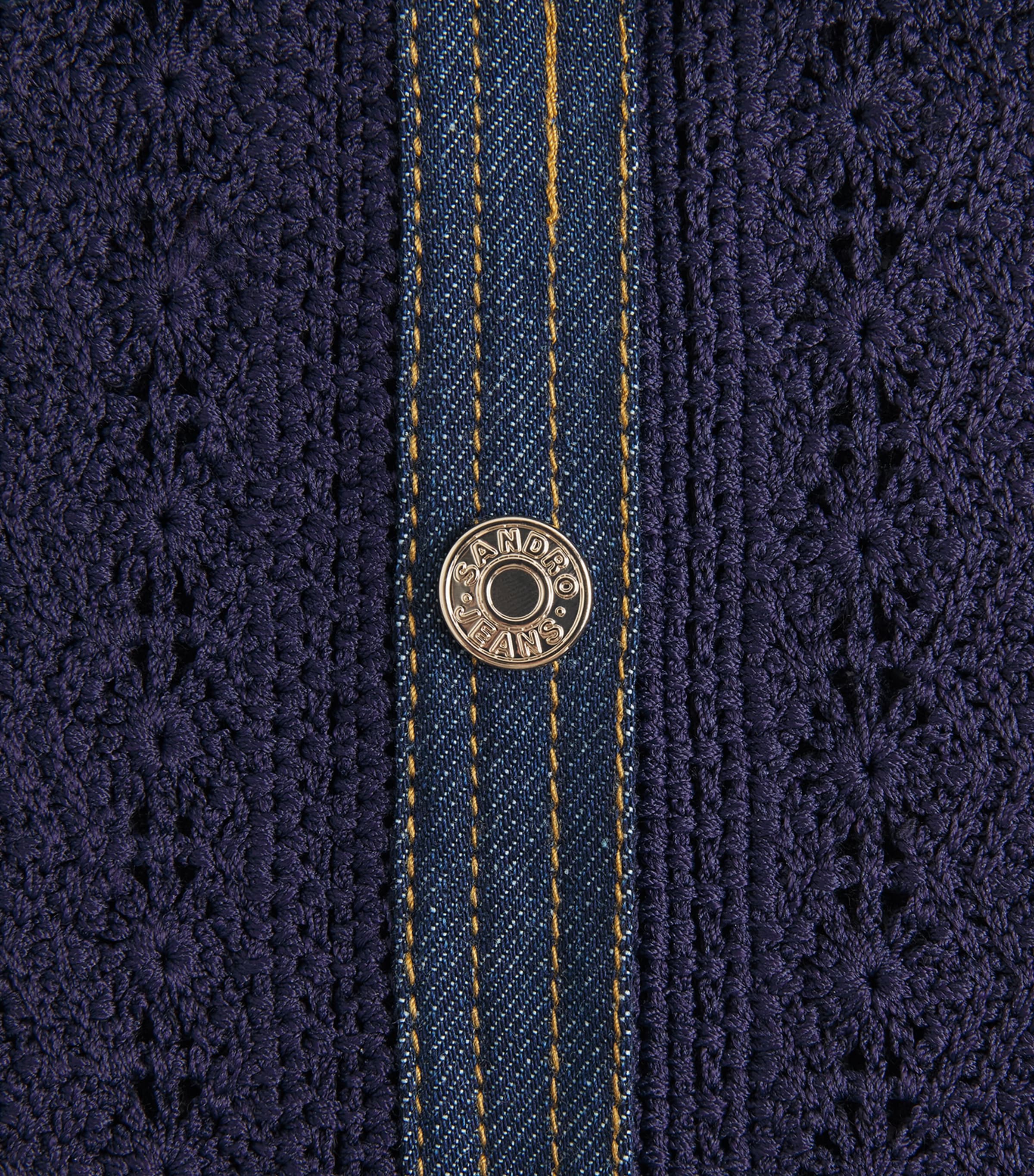 Sandro Paris Womens Crochet Denim-Trim Cardigan Navy Blue Image 6
