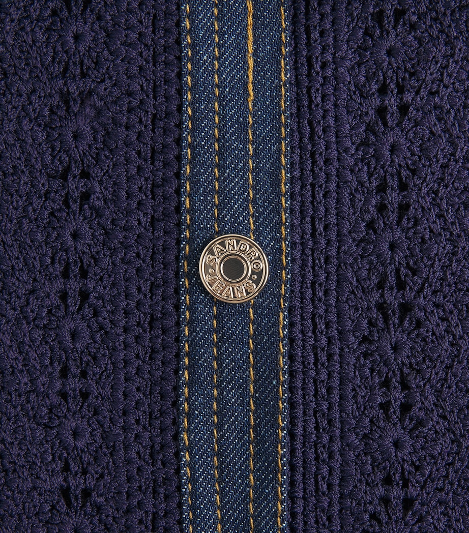 Sandro Paris Womens Crochet Denim-Trim Cardigan Navy Blue Image 6