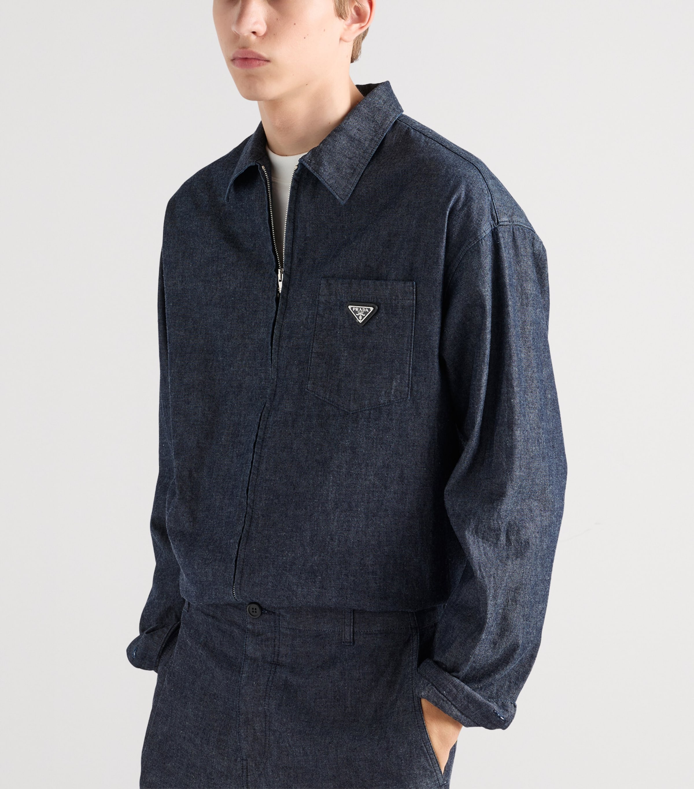 Prada Mens Cotton Chambray Zipped Shirt Blue Image 3