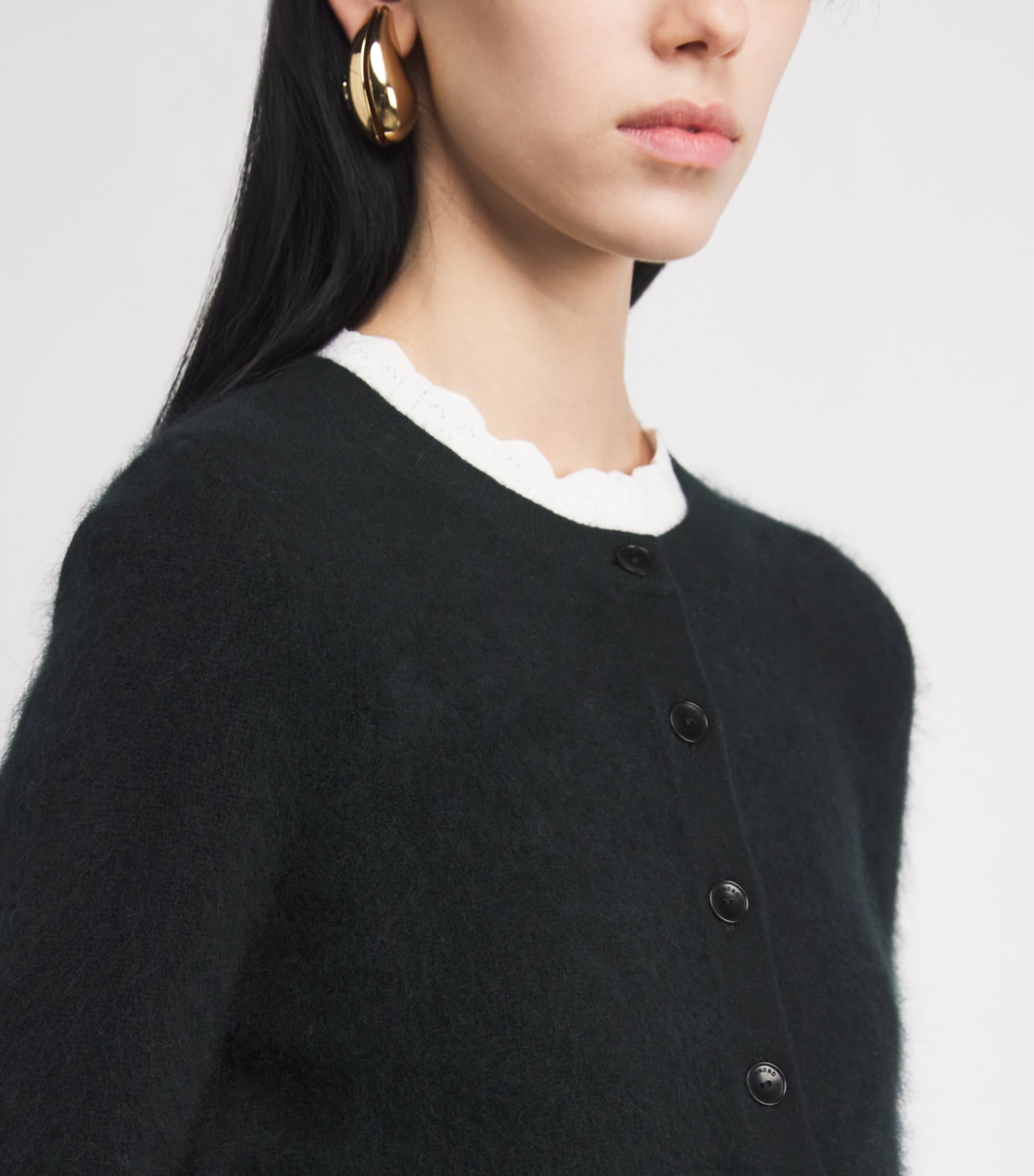 Wool Pointelle-Collar Cardigan BLACK Image 6
