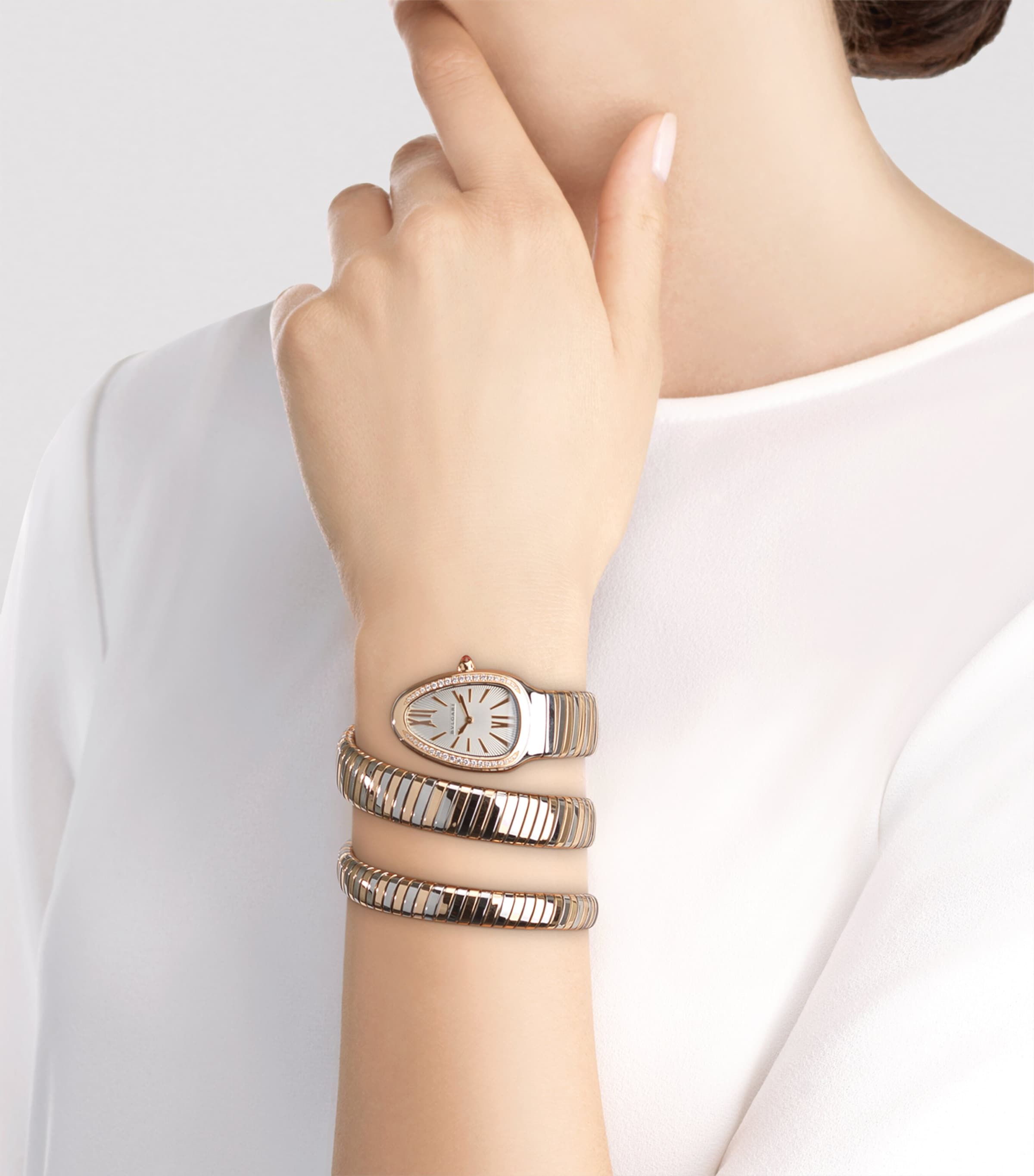Bvlgari Rose Gold, Stainless Steel, Diamond and Rubellite Serpenti Tubogas Watch 35mm Grey Image 4