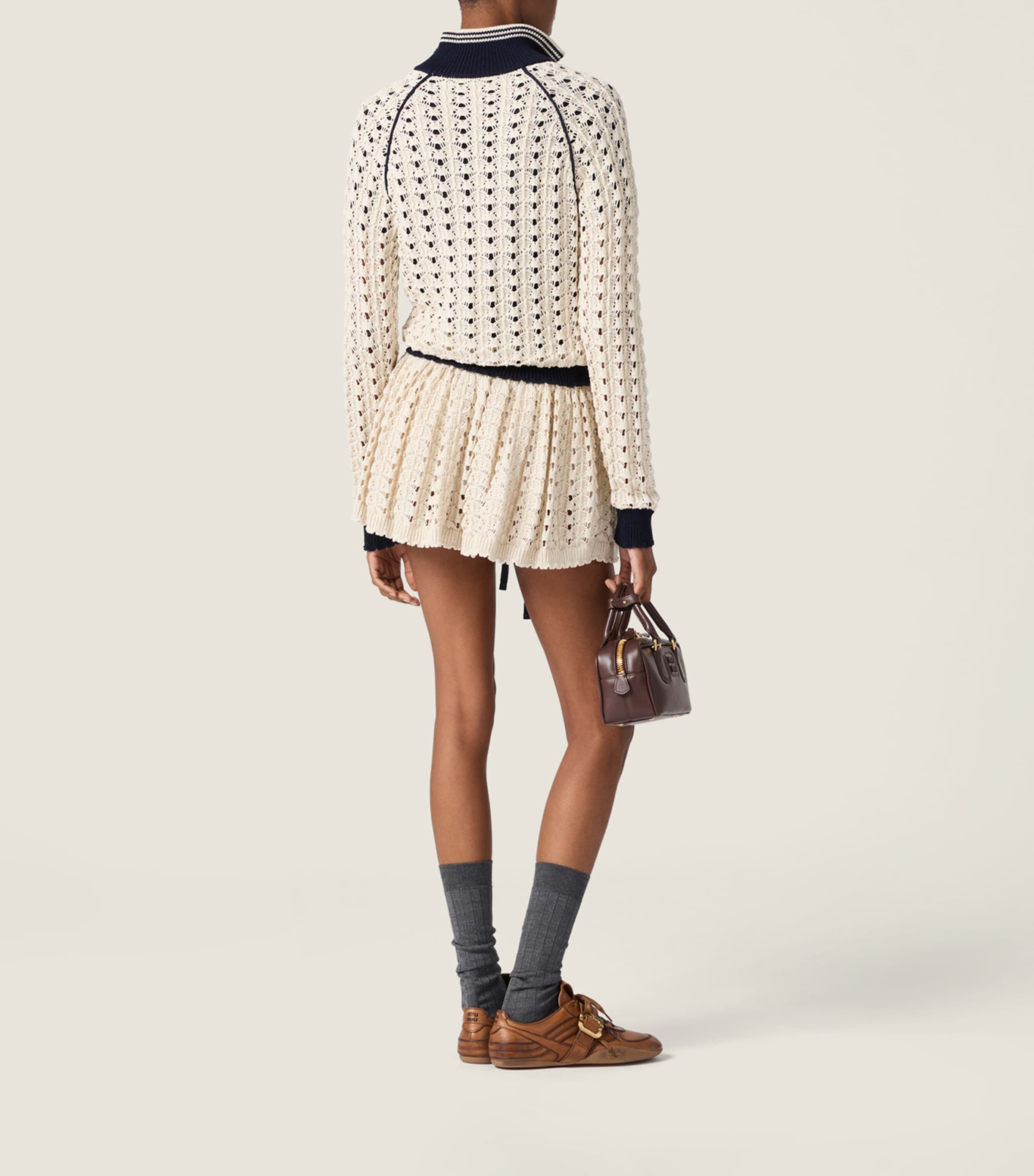Miu Miu Womens Cotton Openwork-Knit Mini Skirt Neutral Image 3