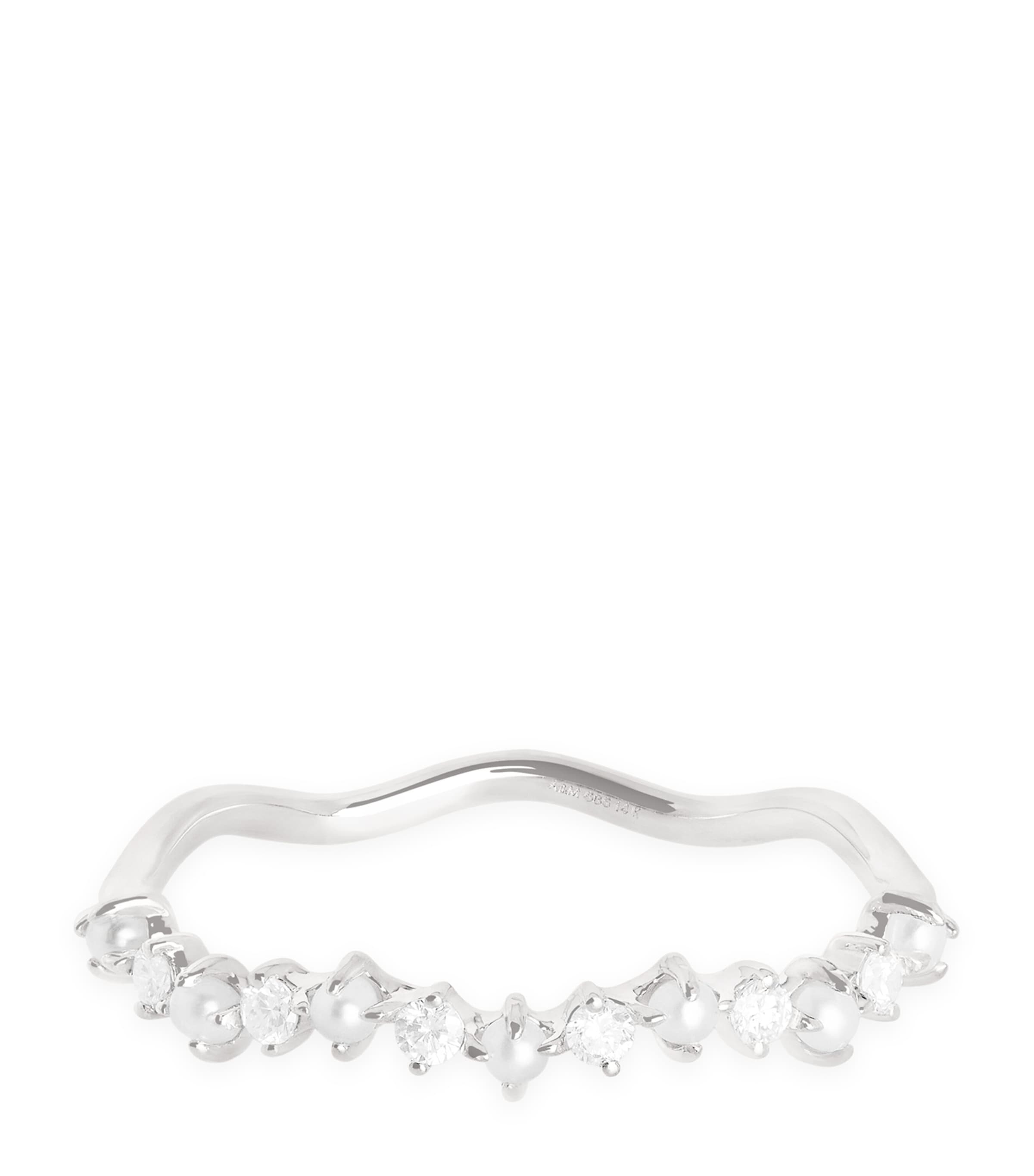Astrid & Miyu White Gold, Diamond and Pearl Wave Ring White Gold Image 1