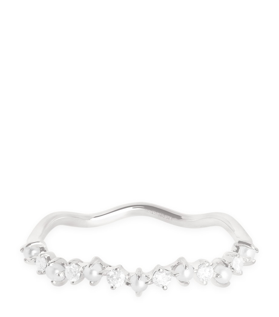 Astrid & Miyu White Gold, Diamond and Pearl Wave Ring White Gold Image 1