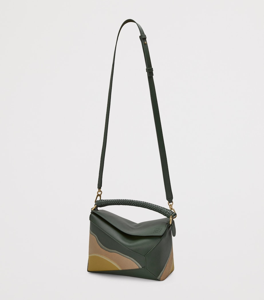 Small Leather Puzzle Edge Landscape Top-Handle Bag BOTTLE GREEN OCHRE Image 7