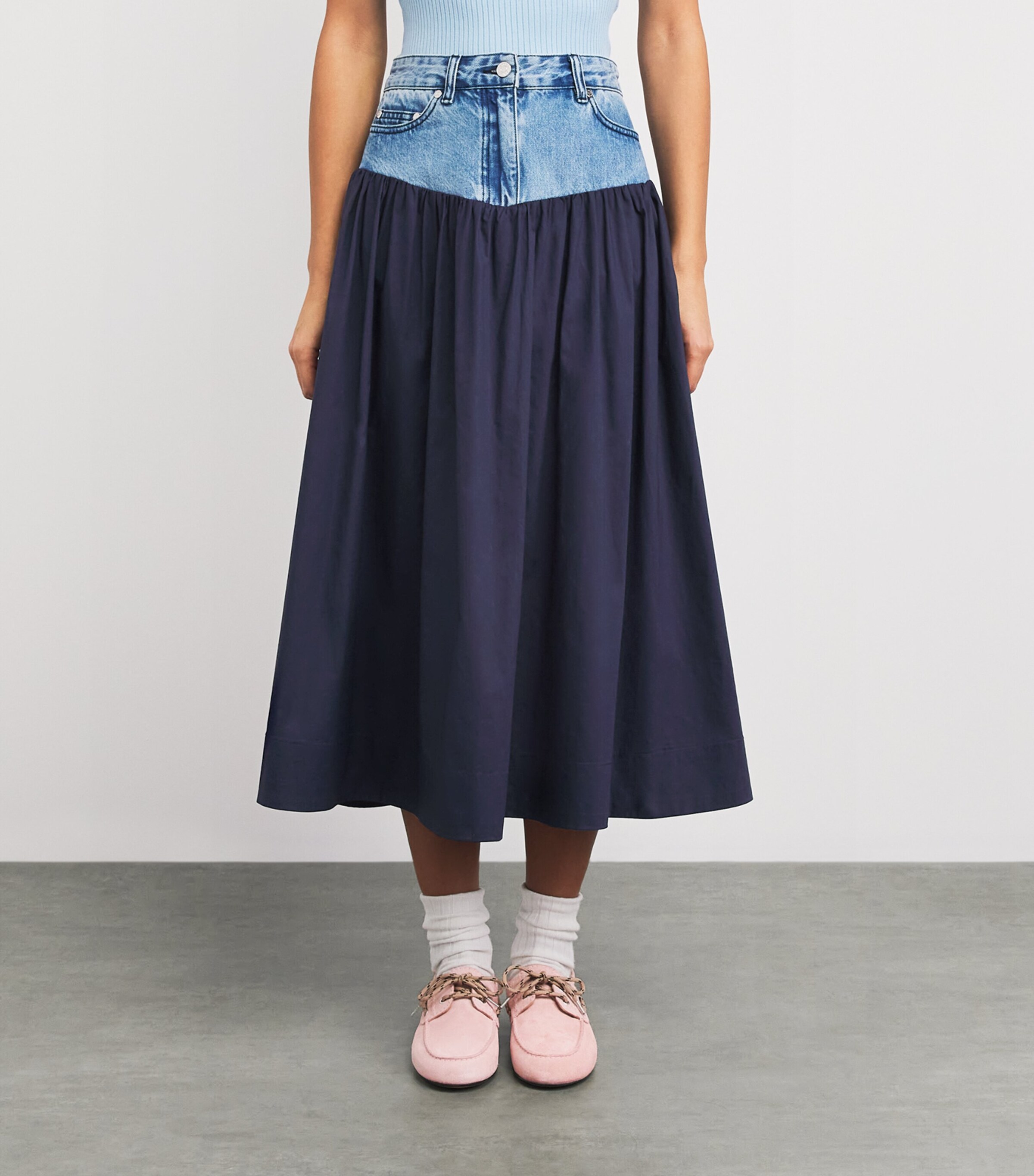 Sandro Paris Womens Denim-Poplin Hybrid Midi Skirt Navy Blue Image 4