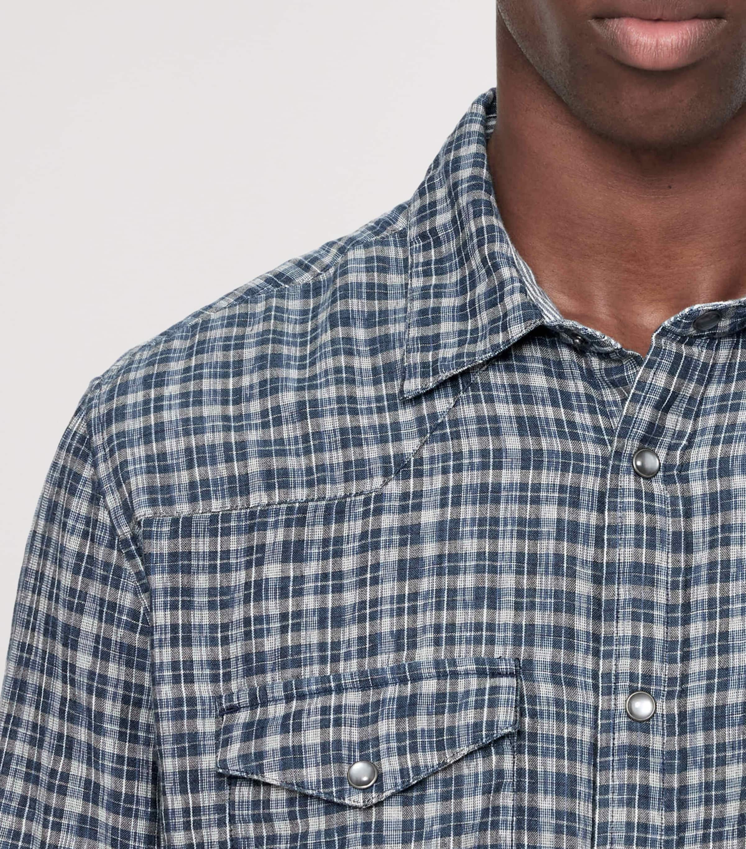 AllSaints Mens Organic Cotton Check Court Shirt Indigo Blue Image 7