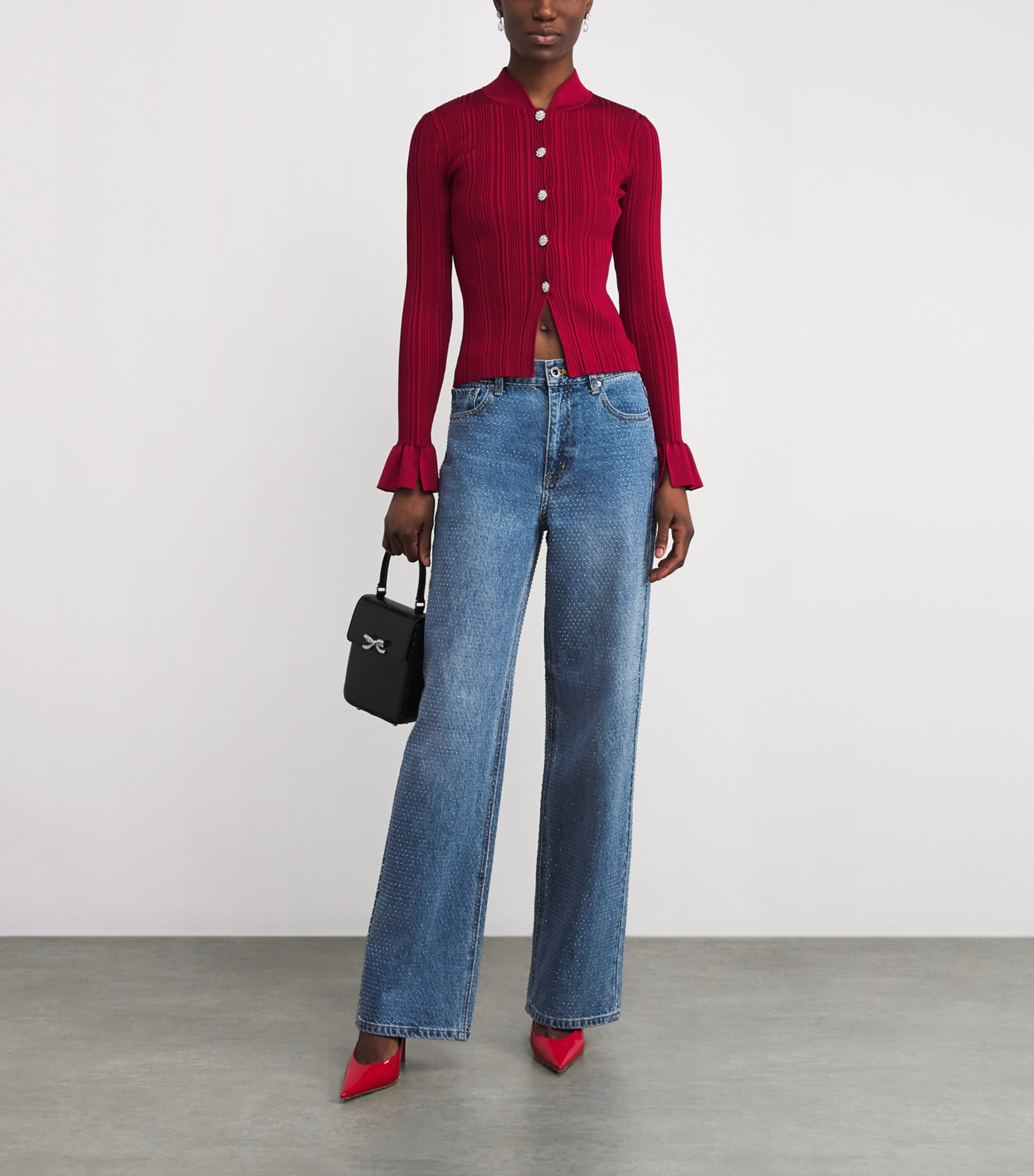 Rib-Knit Cardigan RED Image 2