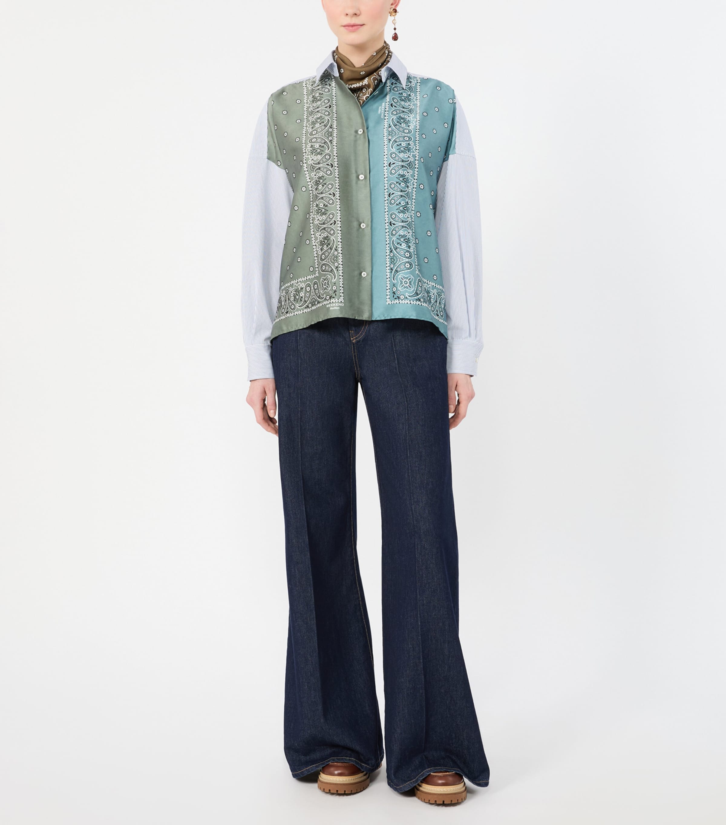 Weekend Max Mara Womens Satin-Front Bandana Print Shirt Kaki Image 2