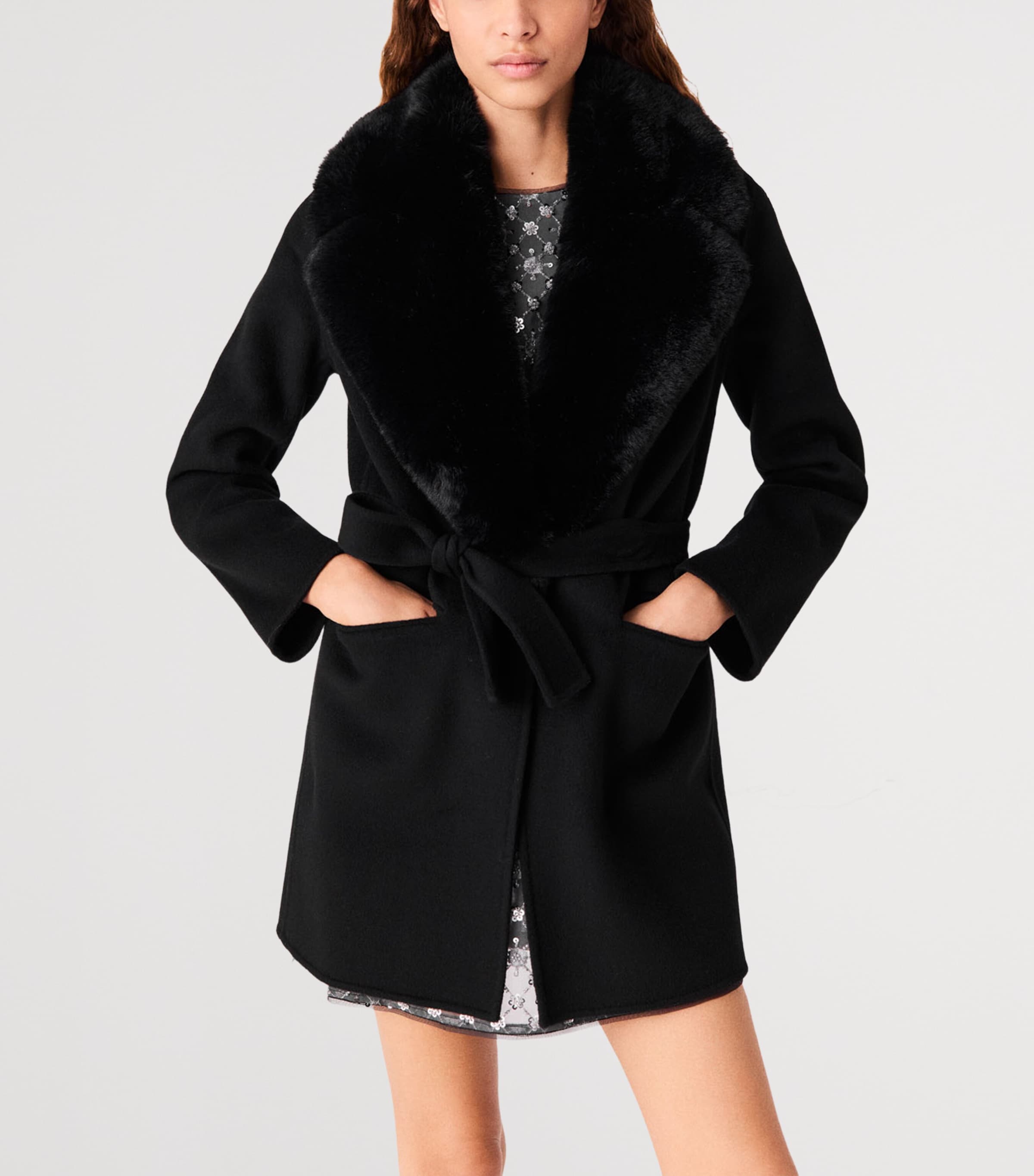 Maje Womens Wool-Blend Wrap Coat Black Image 6