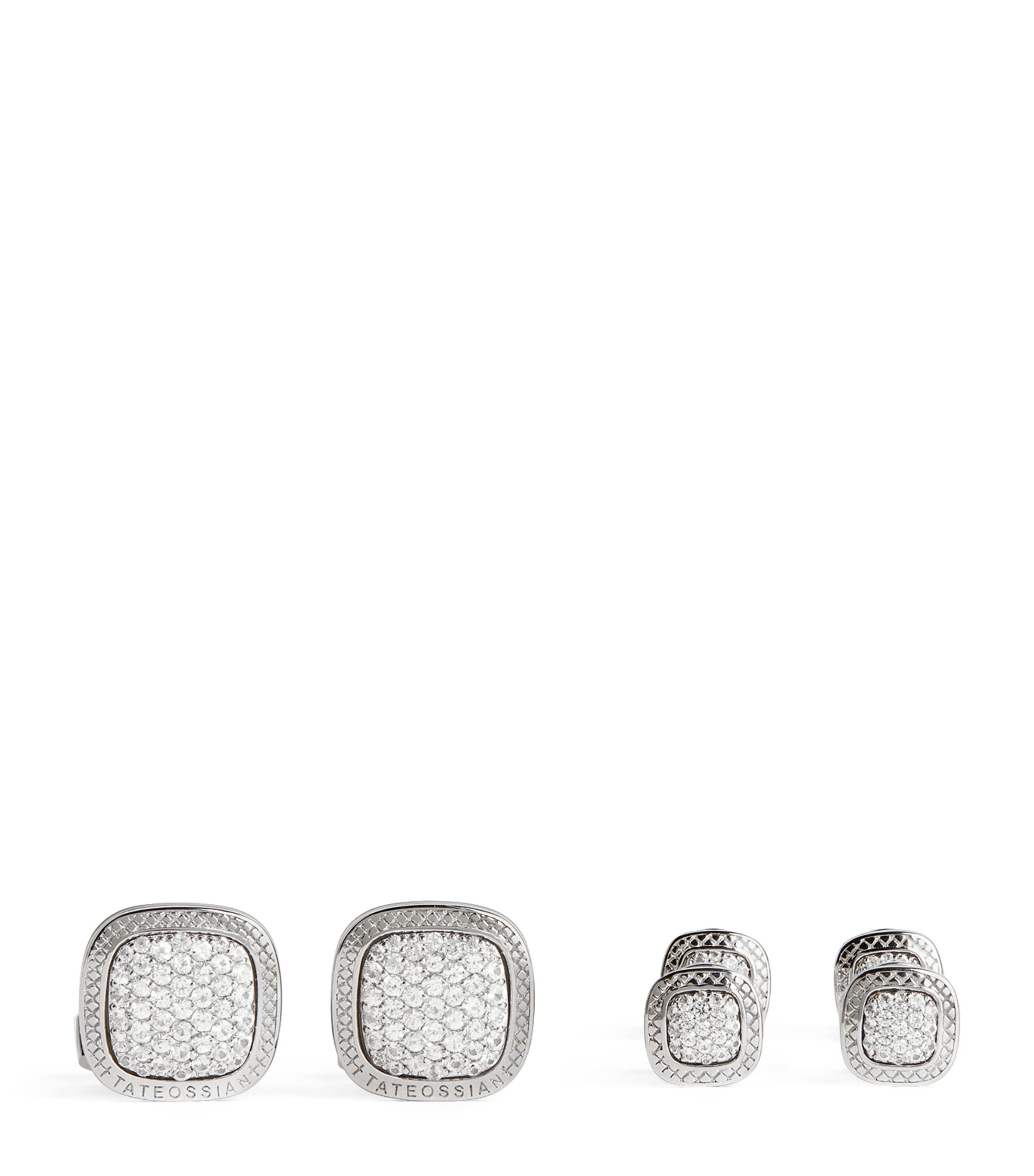 Tateossian Sterling Silver And White Sapphire Signature Cufflinks And Studs Set In Silver