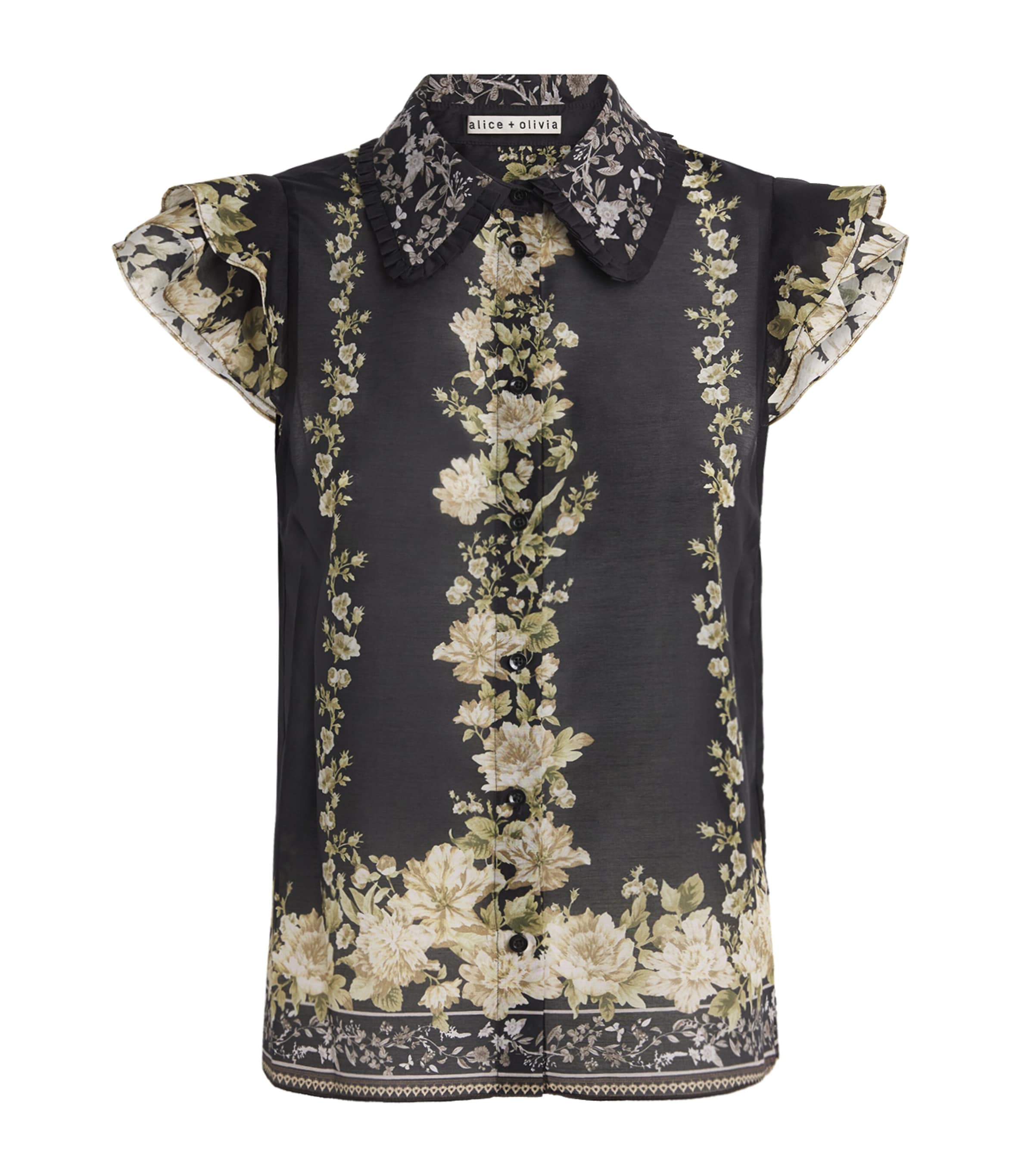 Alice And Olivia Cotton-silk Floral Martel Blouse In Black