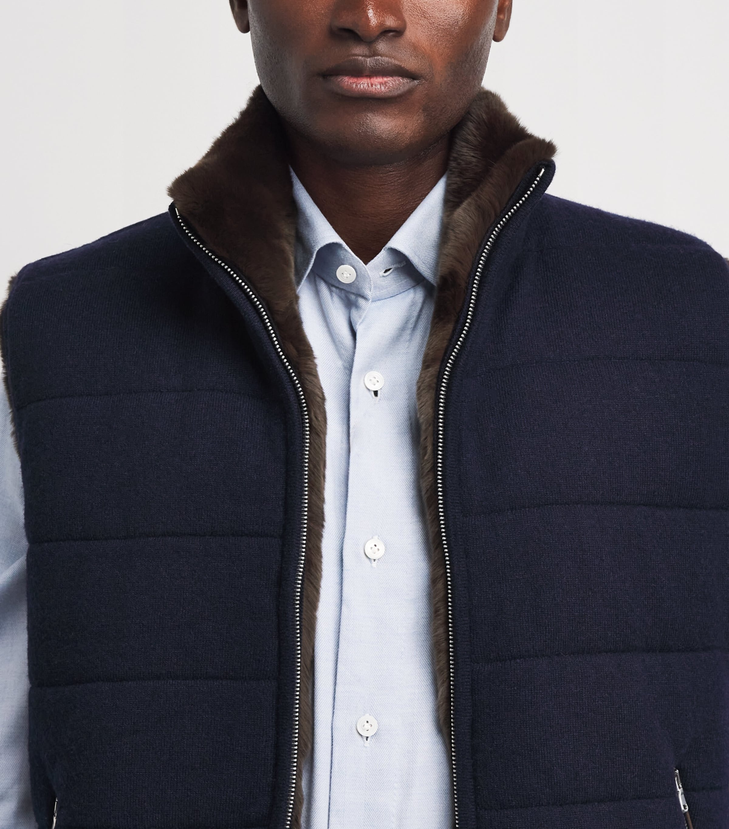 N.Peal Mens Cashmere Fur-Lined Gilet Navy Chocolate Fur Image 3