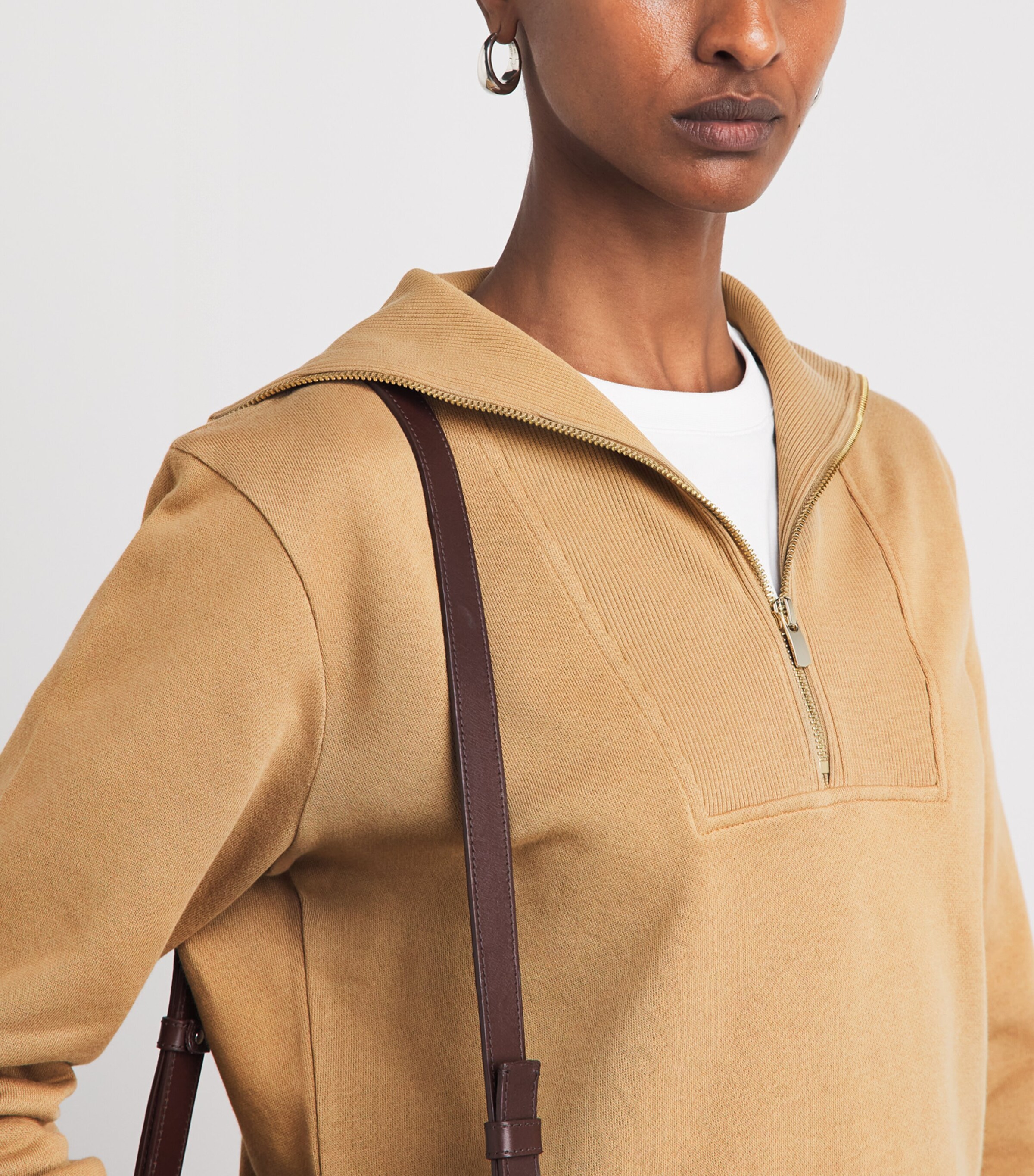 Harrods Womens Cotton Zip-Up Funnel-Neck Sweater Camel Image 3