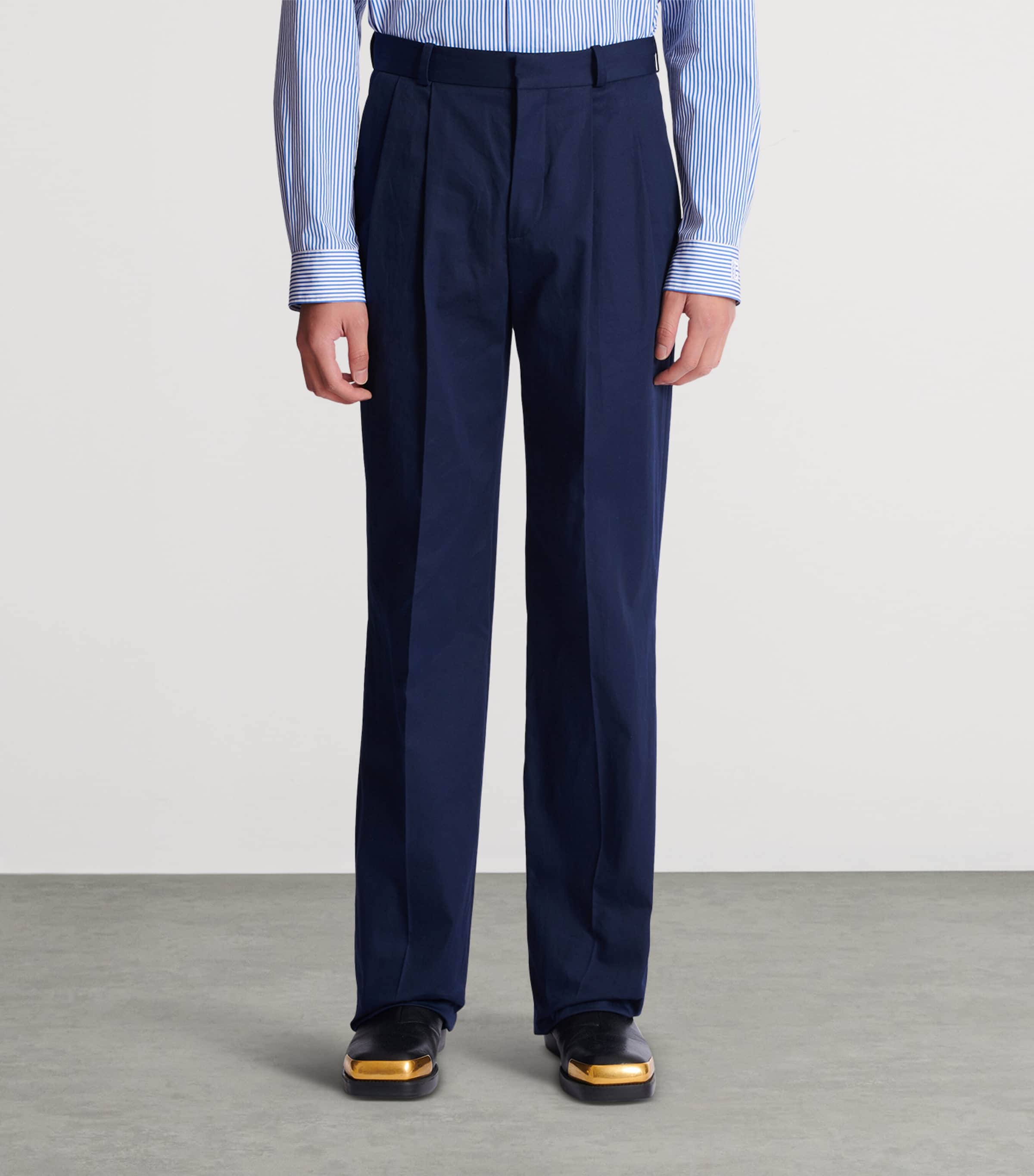 Cotton Pleated Flared Trousers 6UB MARINE Image 4