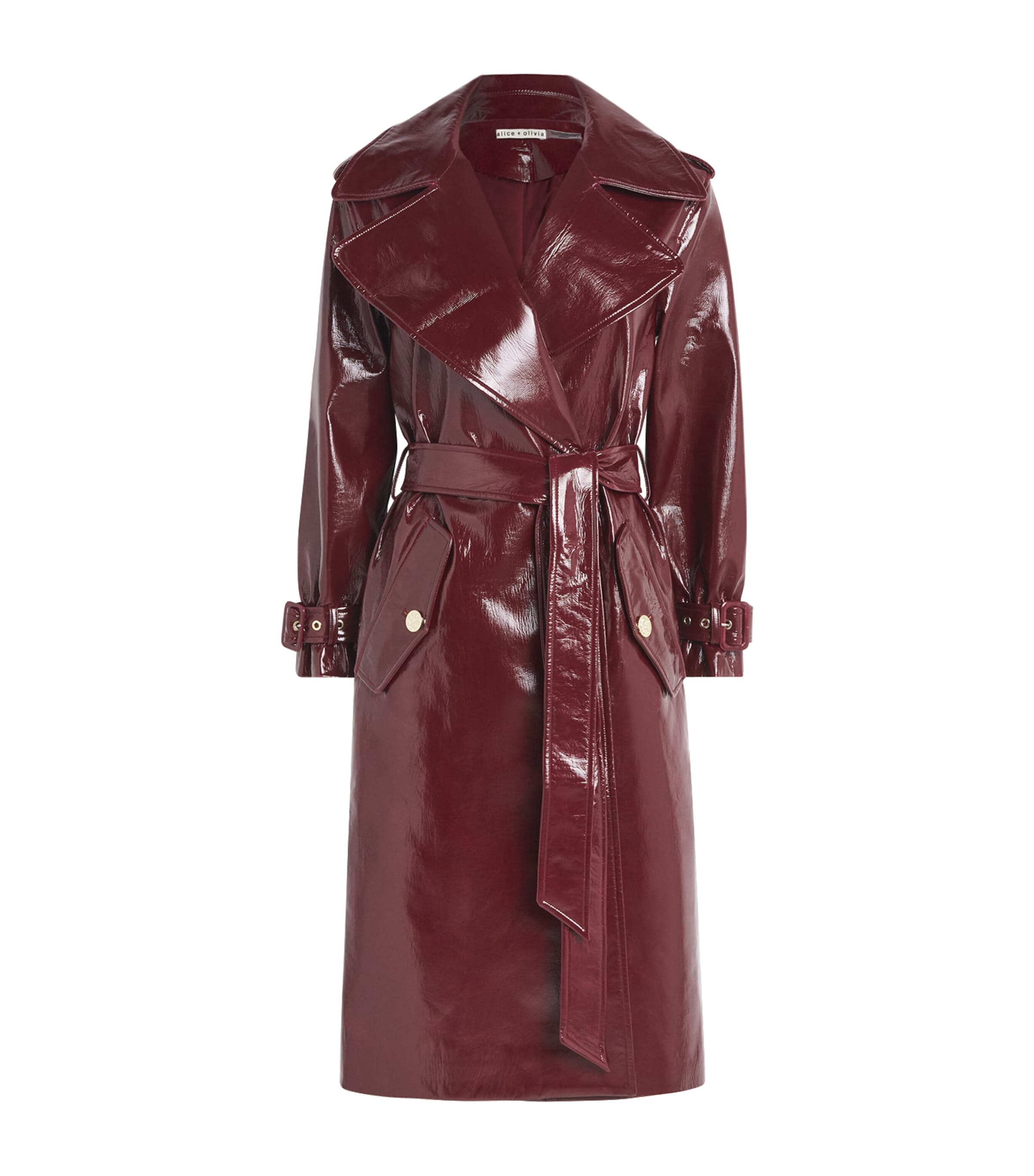 Alice And Olivia Faux Leather Nevada Trench Coat In Burgundy