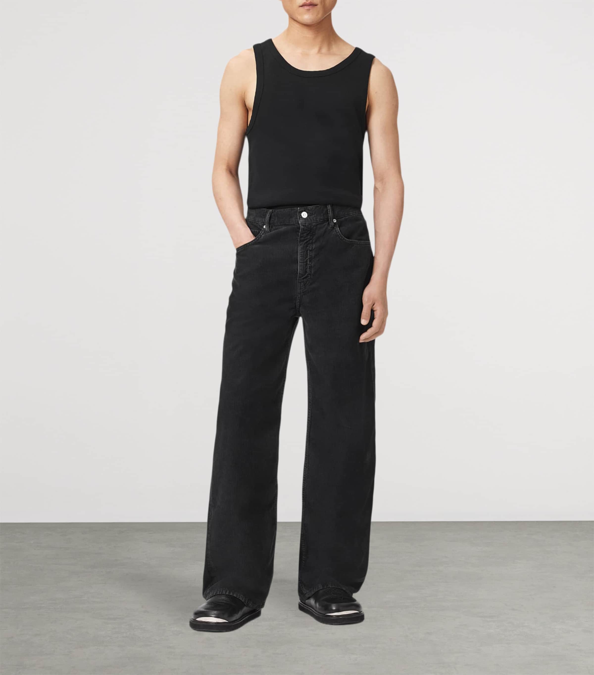 AllSaints Mens Croduroy Lenny Wide-Leg Jeans Navy Blue Image 2