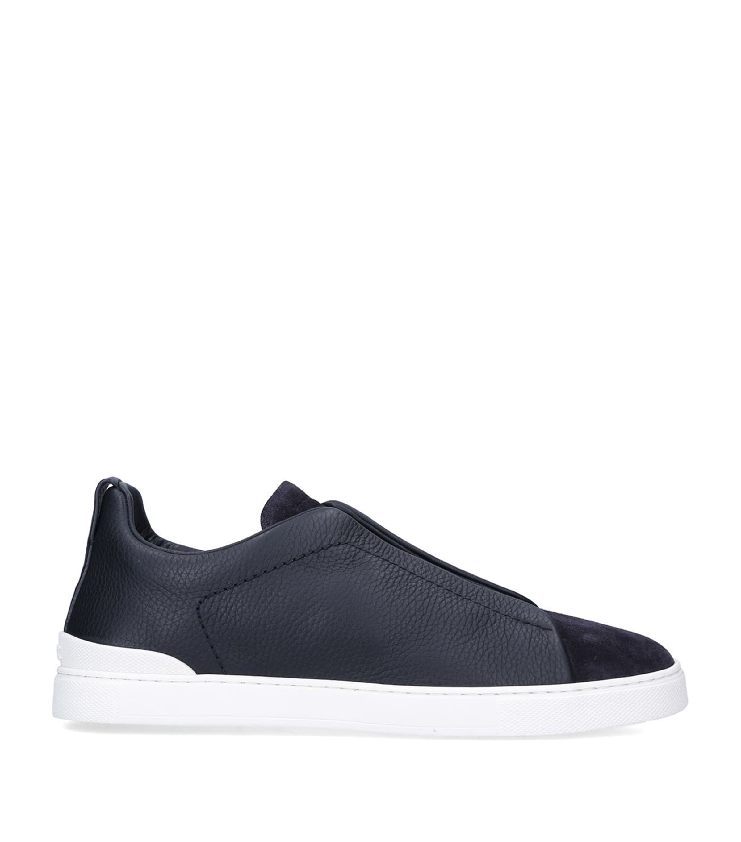 Zegna Leather Triple Stitch Sneakers Navy Image 3