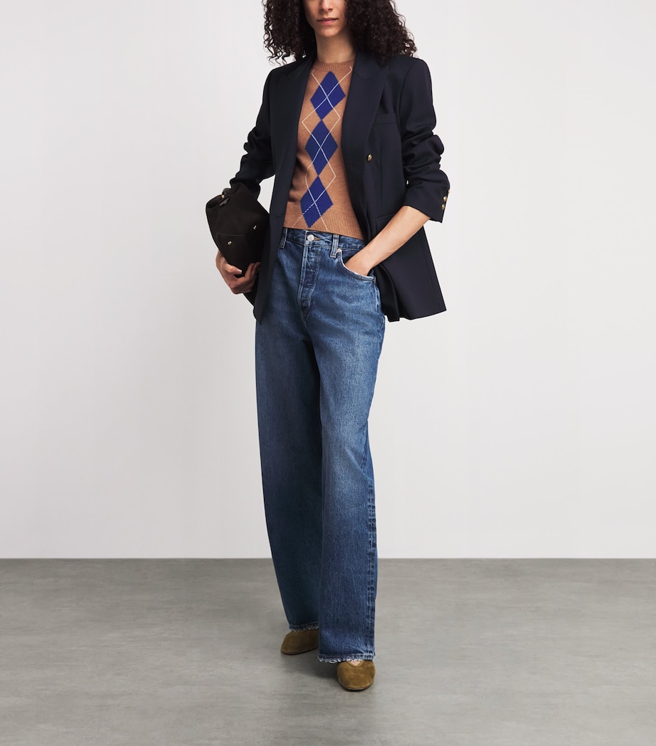 ME+EM Womens Wool-Cashmere Argyle T-Shirt Camel/deep Blue Image 2