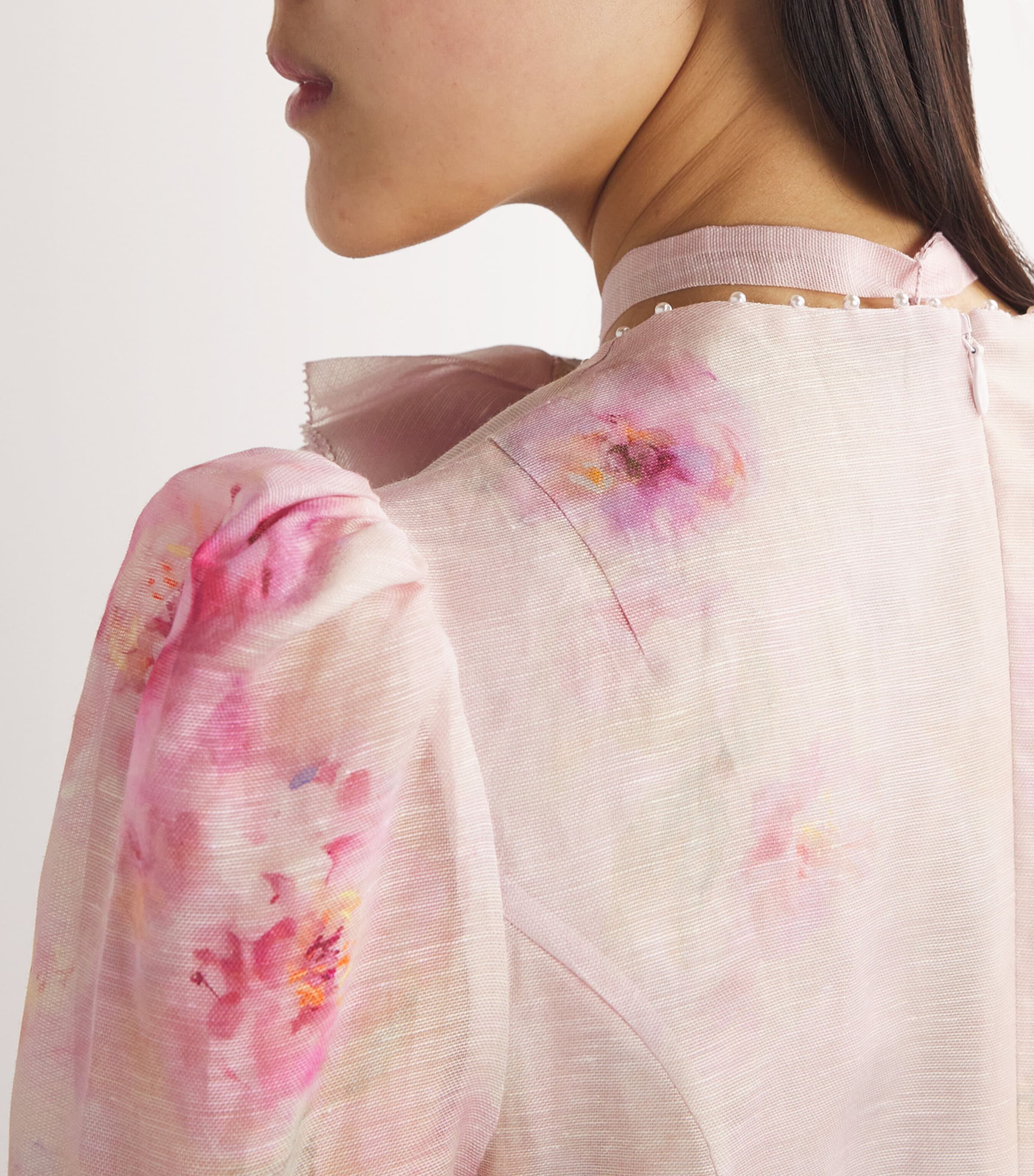 Zimmermann Pink Linen-Silk Floral-Embellished Midi Dress Zimmermann Pink Linen-Silk Floral-Embellished Midi Dress